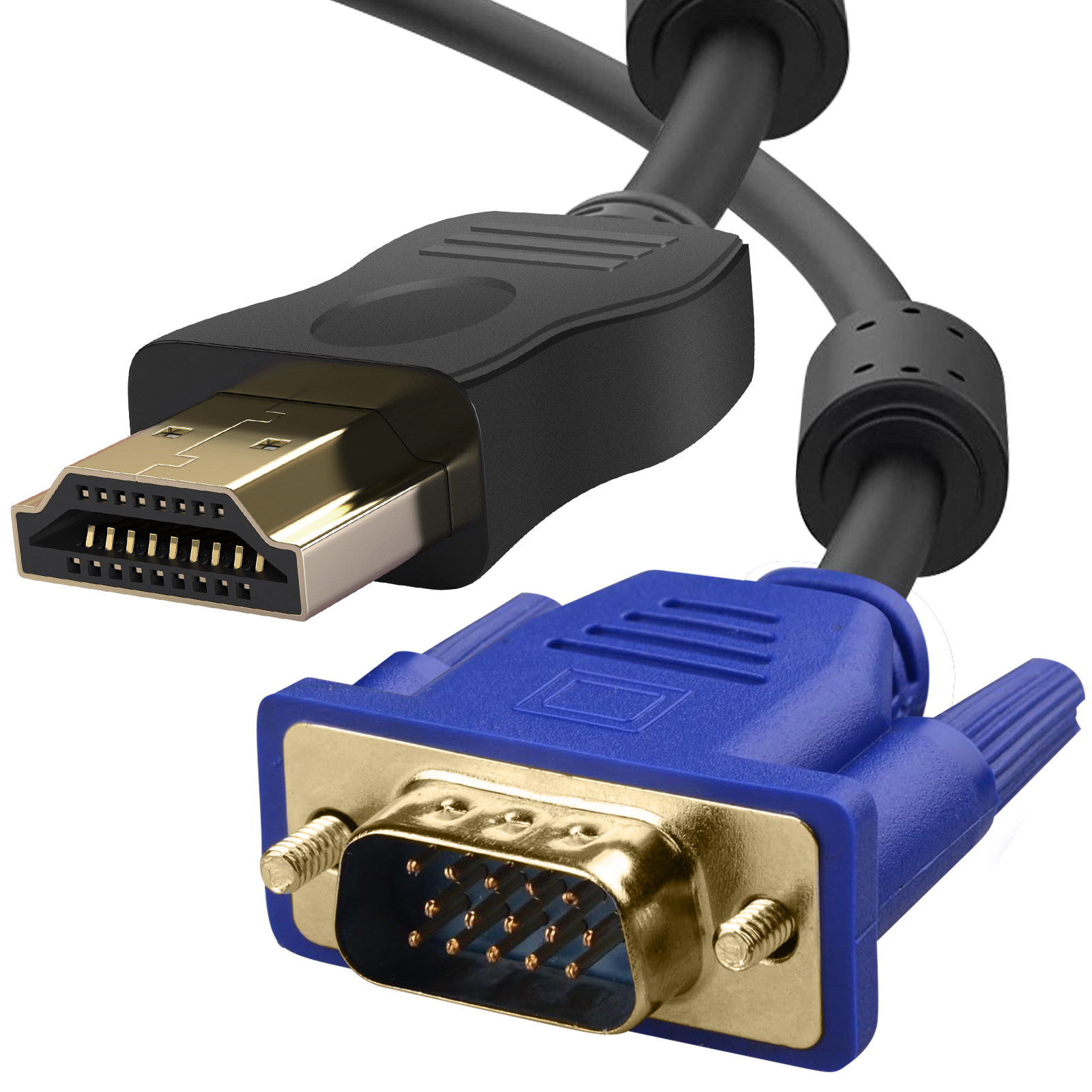 Cavi HDMI e VGA, neri e blu, affiancati, connettori visibili.