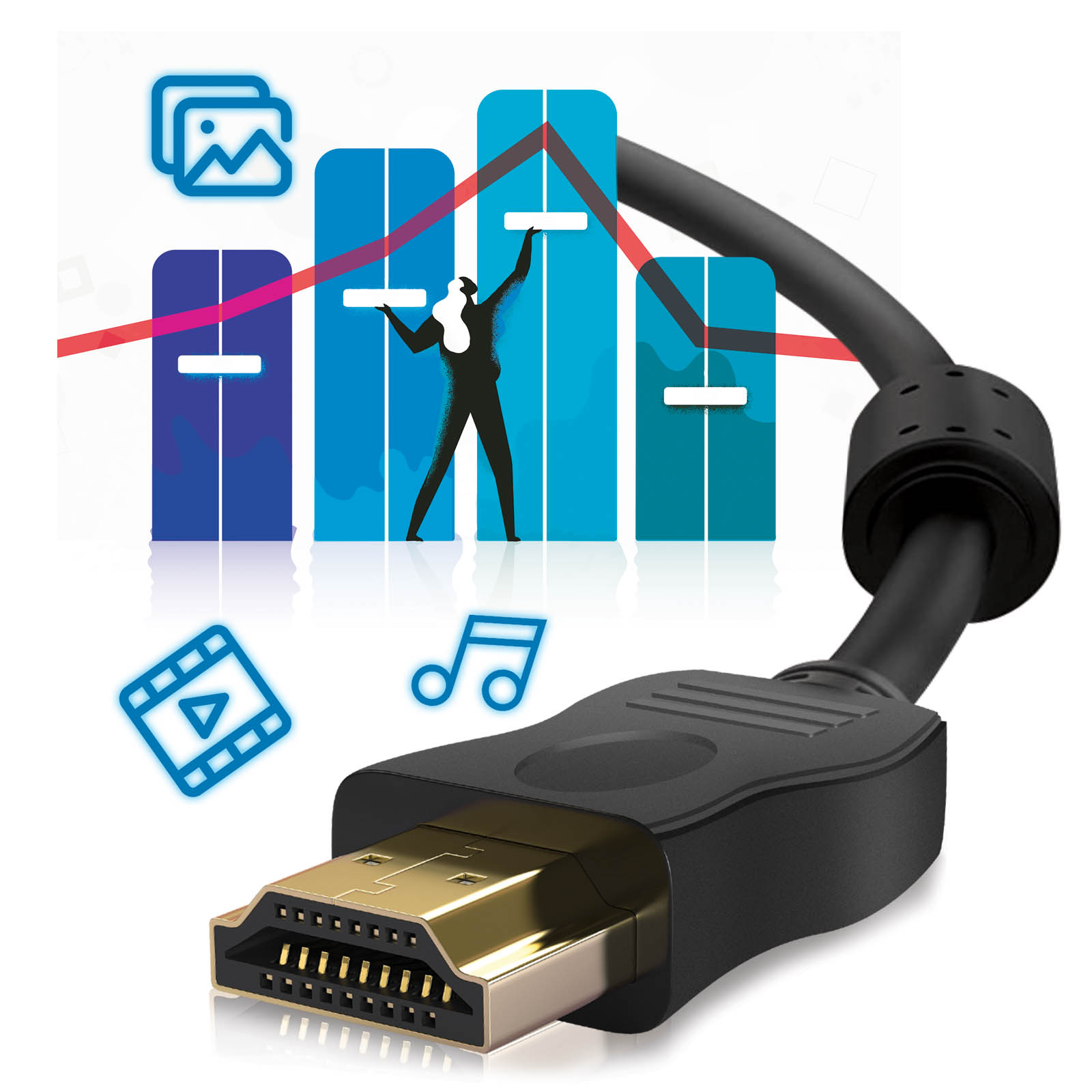 Un cavo HDMI nero con connettore dorato e grafica.
