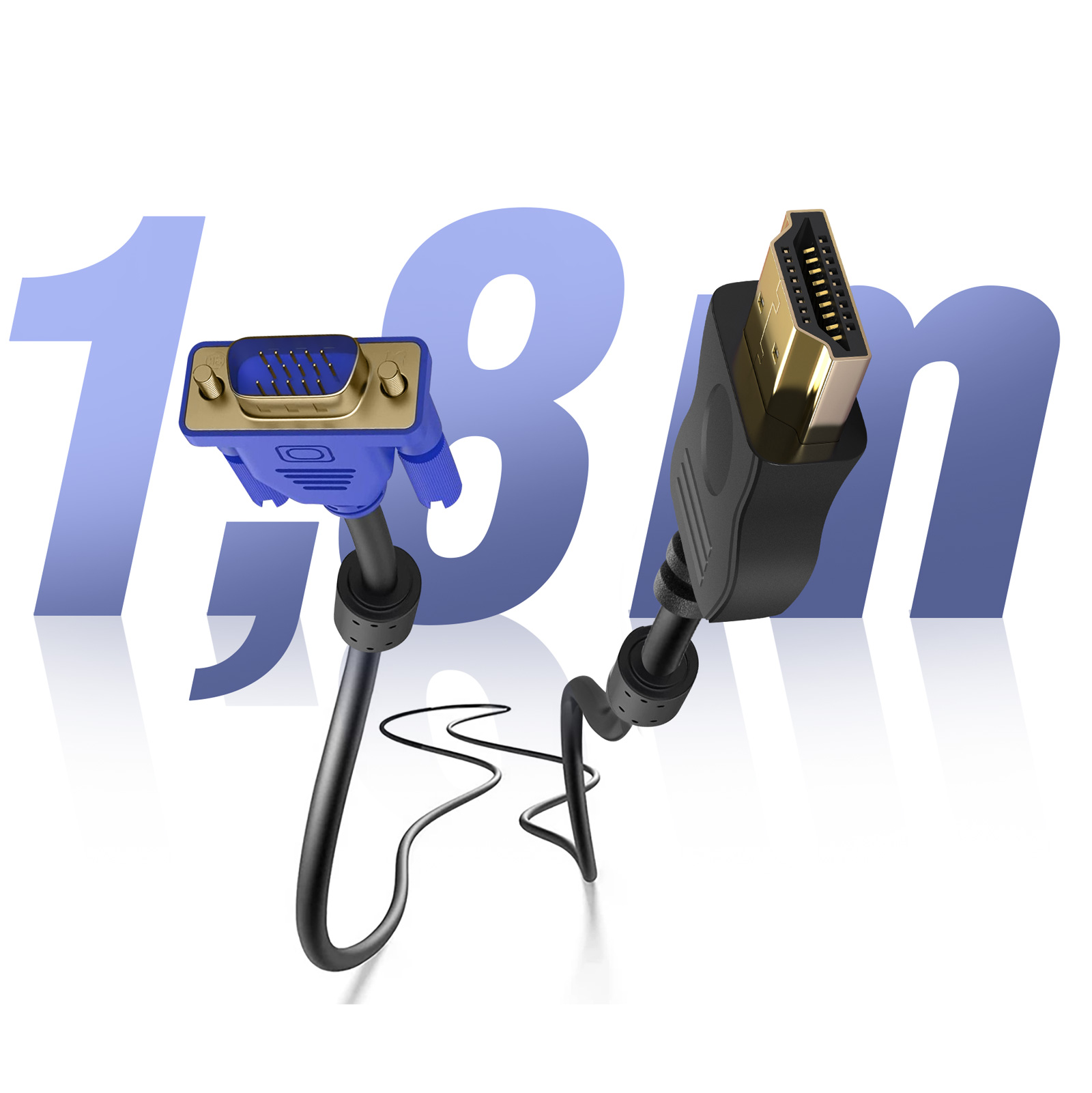 Cavi VGA e HDMI con testo blu 1,8m su sfondo bianco.