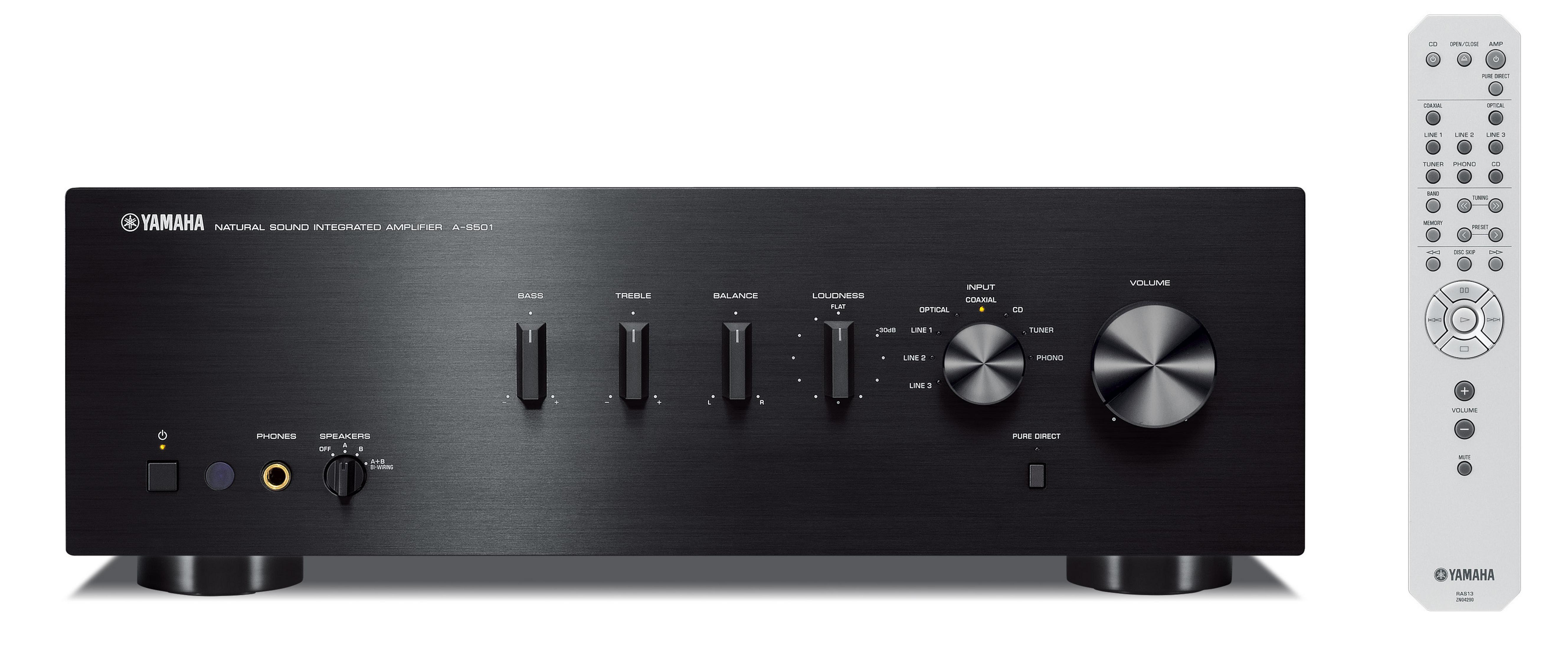 Siyah Yamaha amplifikatör, düğmeler ve tuşlar ile sağda gümüş bir uzaktan kumanda.