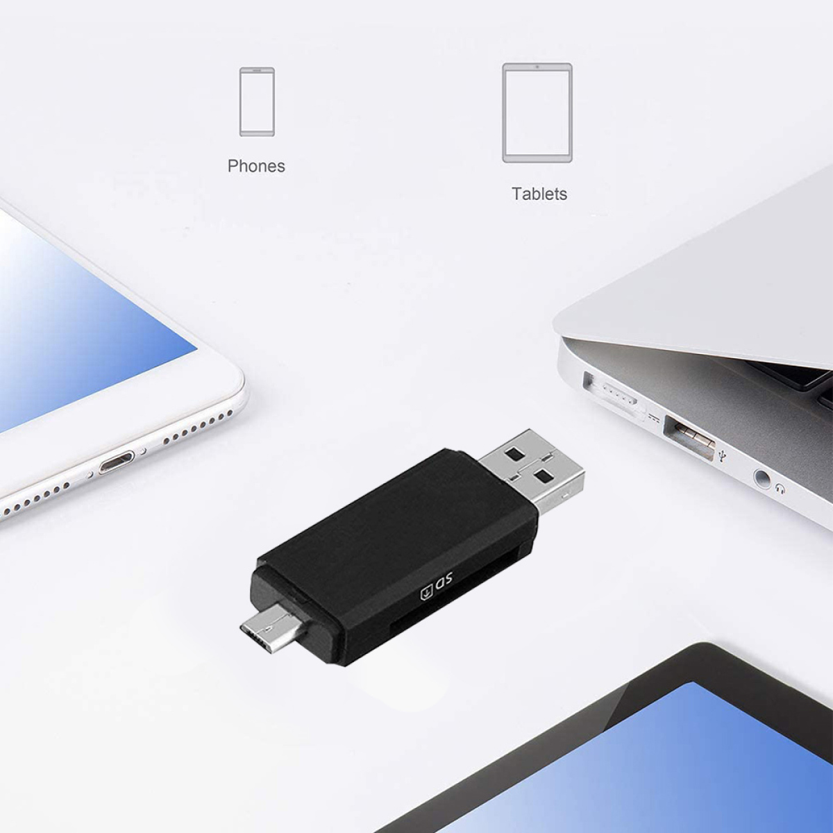 Schwarzer SD-Kartenleser neben Laptop, Tablet und Telefon. Telefon und Tablet sind weiß.
