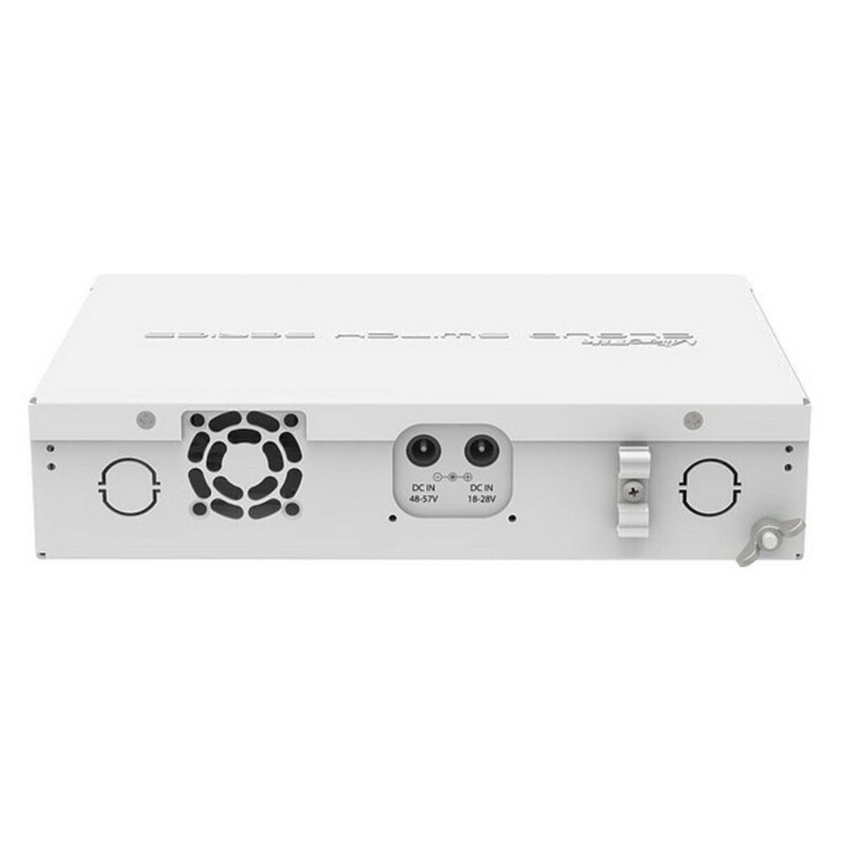 Dispositivo rectangular blanco con ventilador y puertos, etiquetado DC IN 48-57V y DC IN 18-28V.