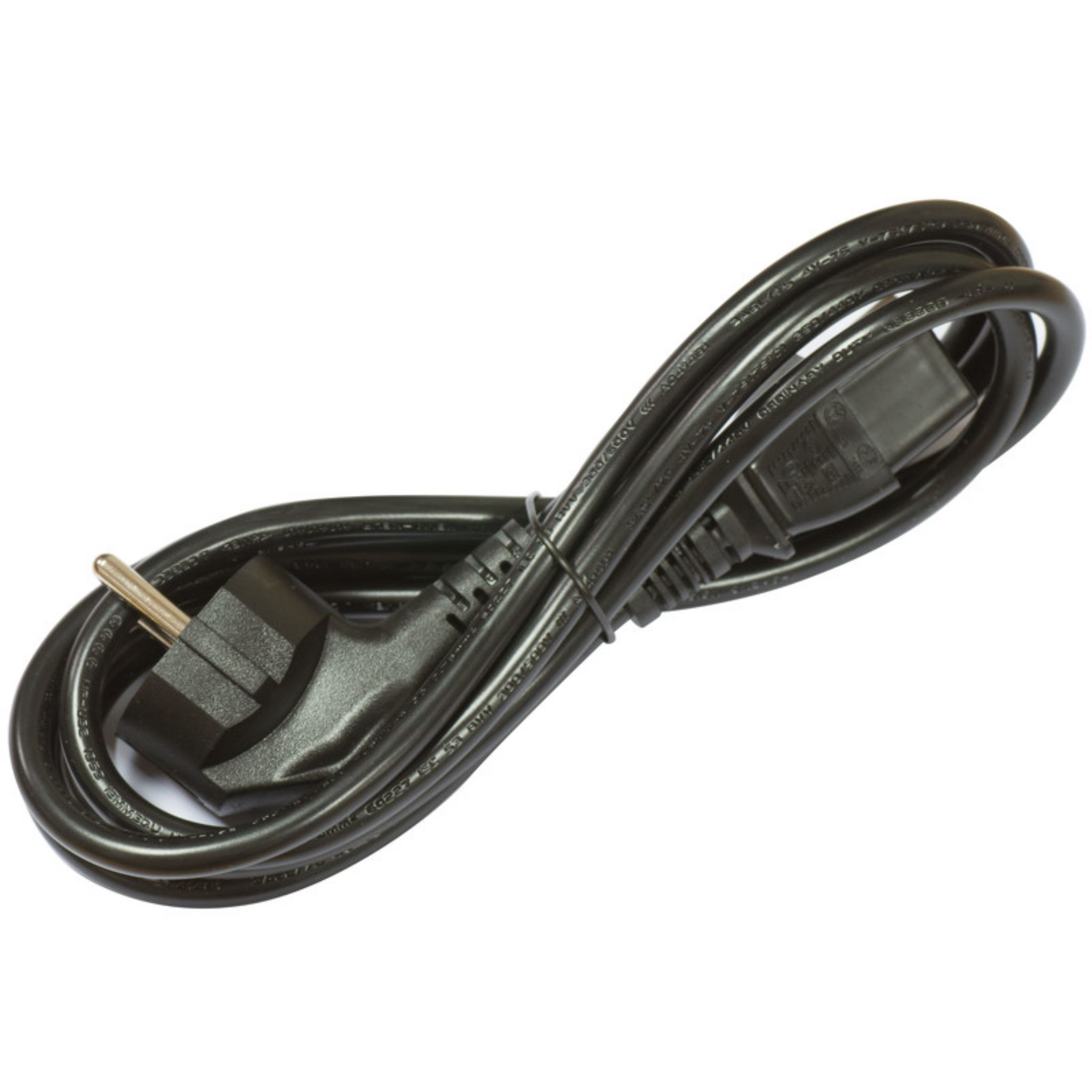 Cable de alimentación negro con enchufe europeo y conector hembra. Enrollado sobre fondo blanco.