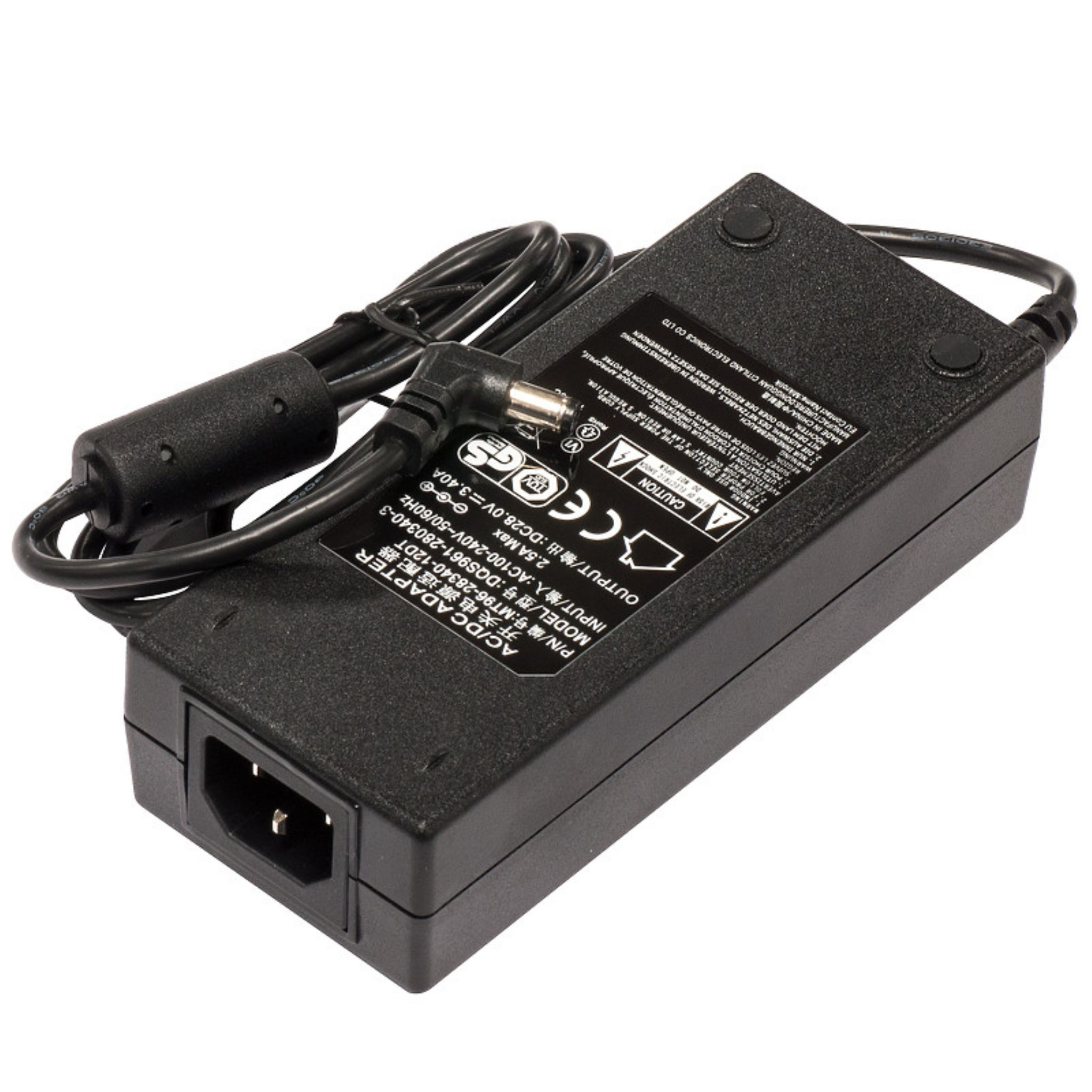 Adaptador de corriente AC/DC negro con cable y enchufe negros.