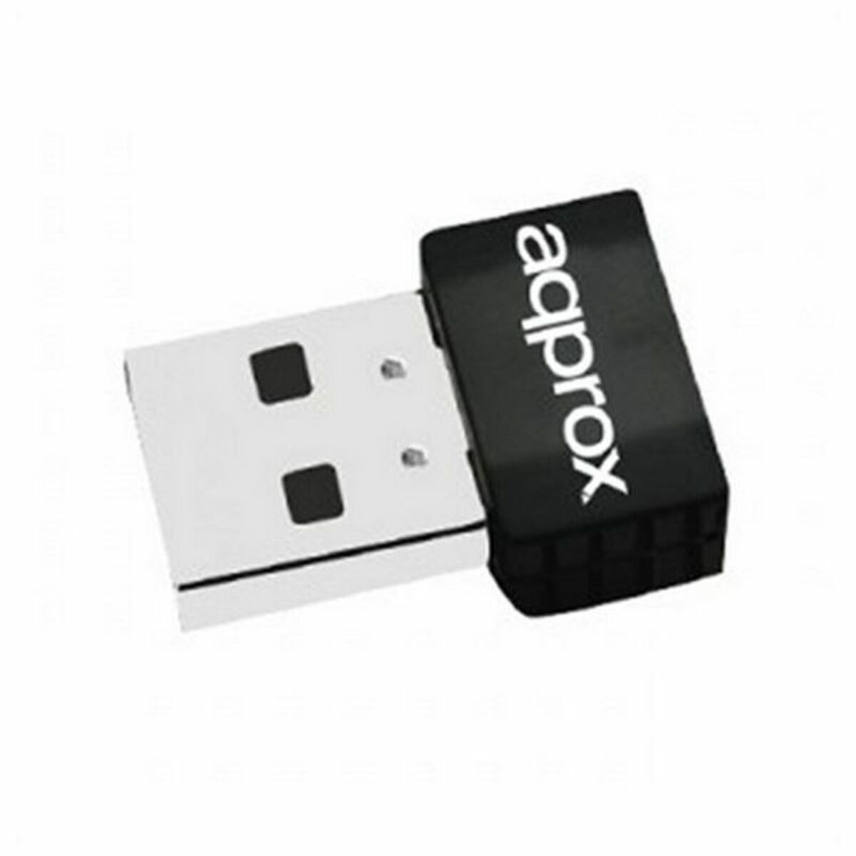 Schwarzer und silberner USB-Stick mit dem Wort 'aqprox' in Weiß darauf.