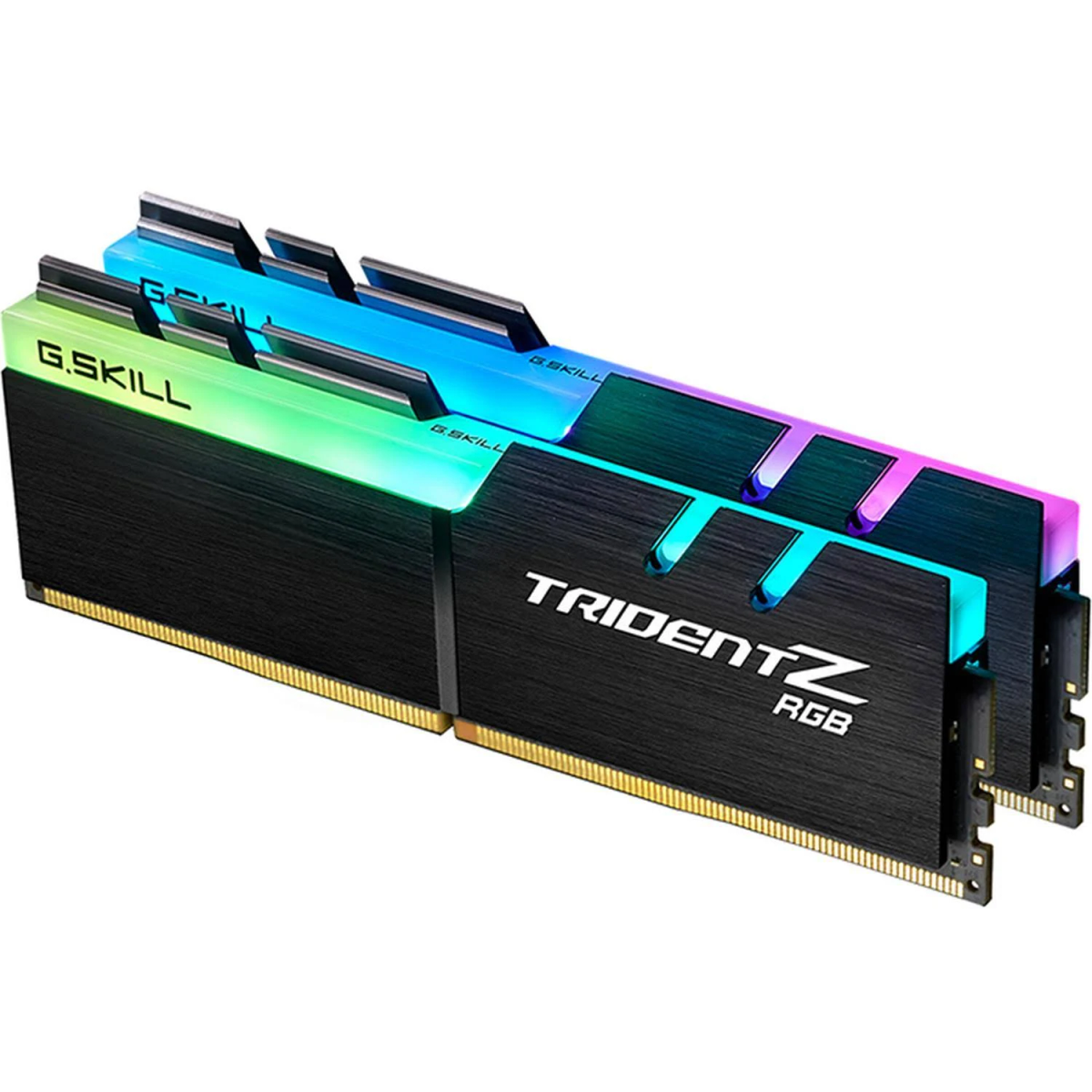 Trzy moduły RAM RGB z czarnymi radiatorami i logo Trident Z RGB, białe tło.