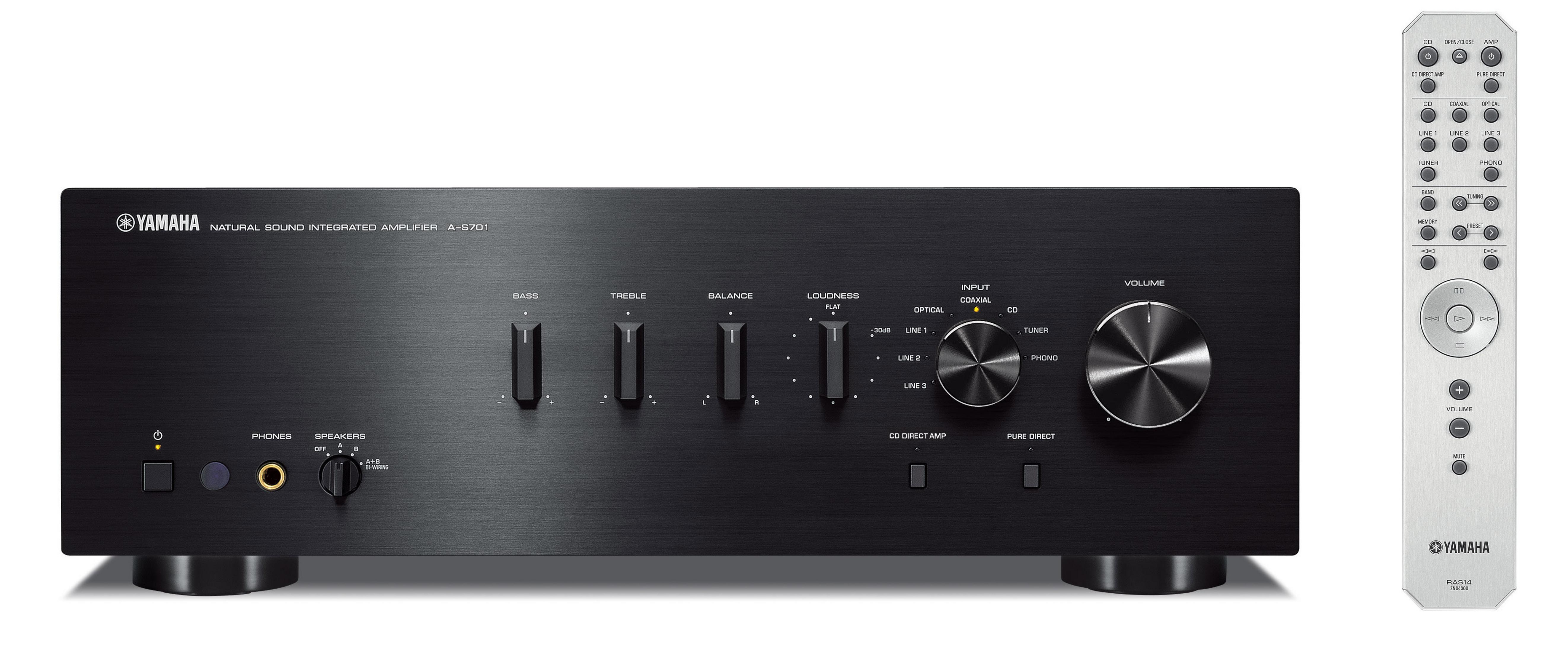 Siyah Yamaha stereo amplifikatör, kontrol düğmeleri ve tuşları ve gümüş bir uzaktan kumanda.