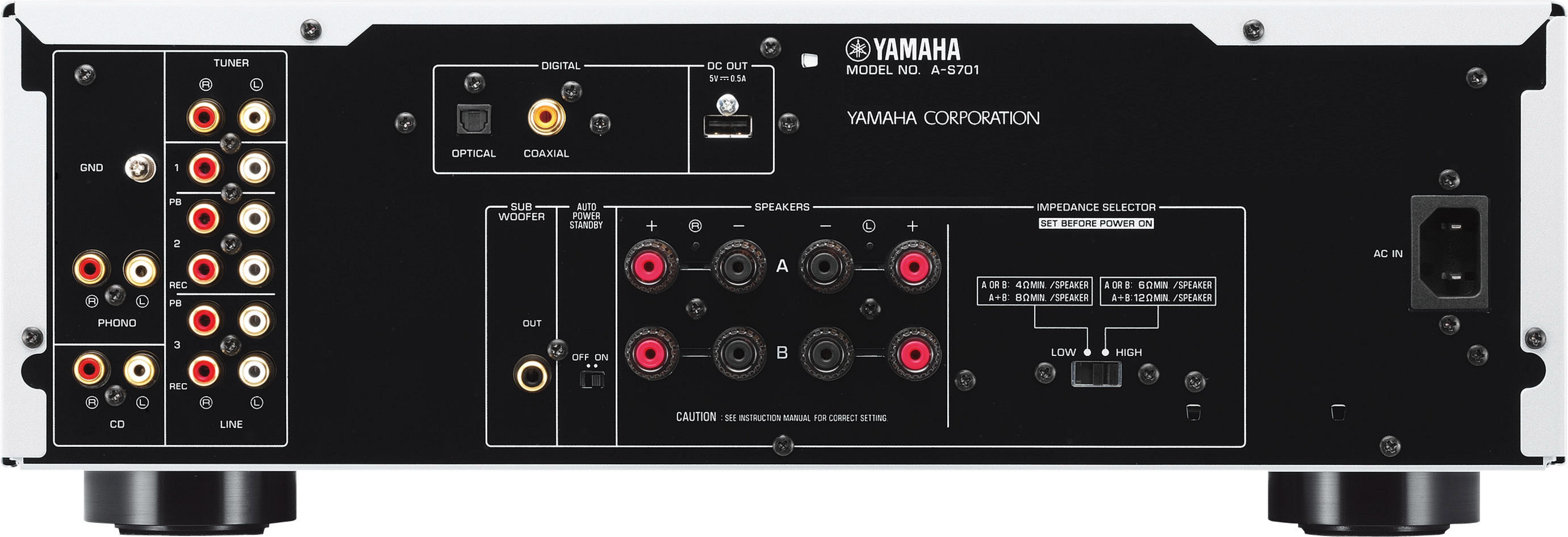 Giriş/çıkış jakları olan bir Yamaha amplifikatörünün arkası. Arka plan beyazdır.