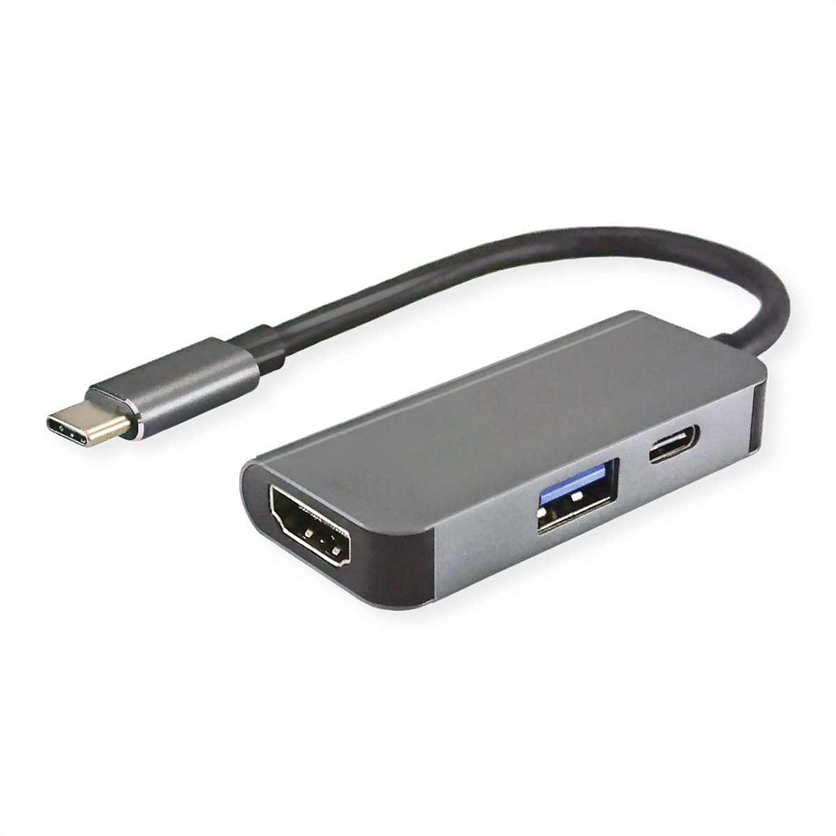 Grauer USB-C-Hub mit HDMI-, USB- und USB-C-Anschlüssen. Schwarzes Kabel. Weißer Hintergrund.
