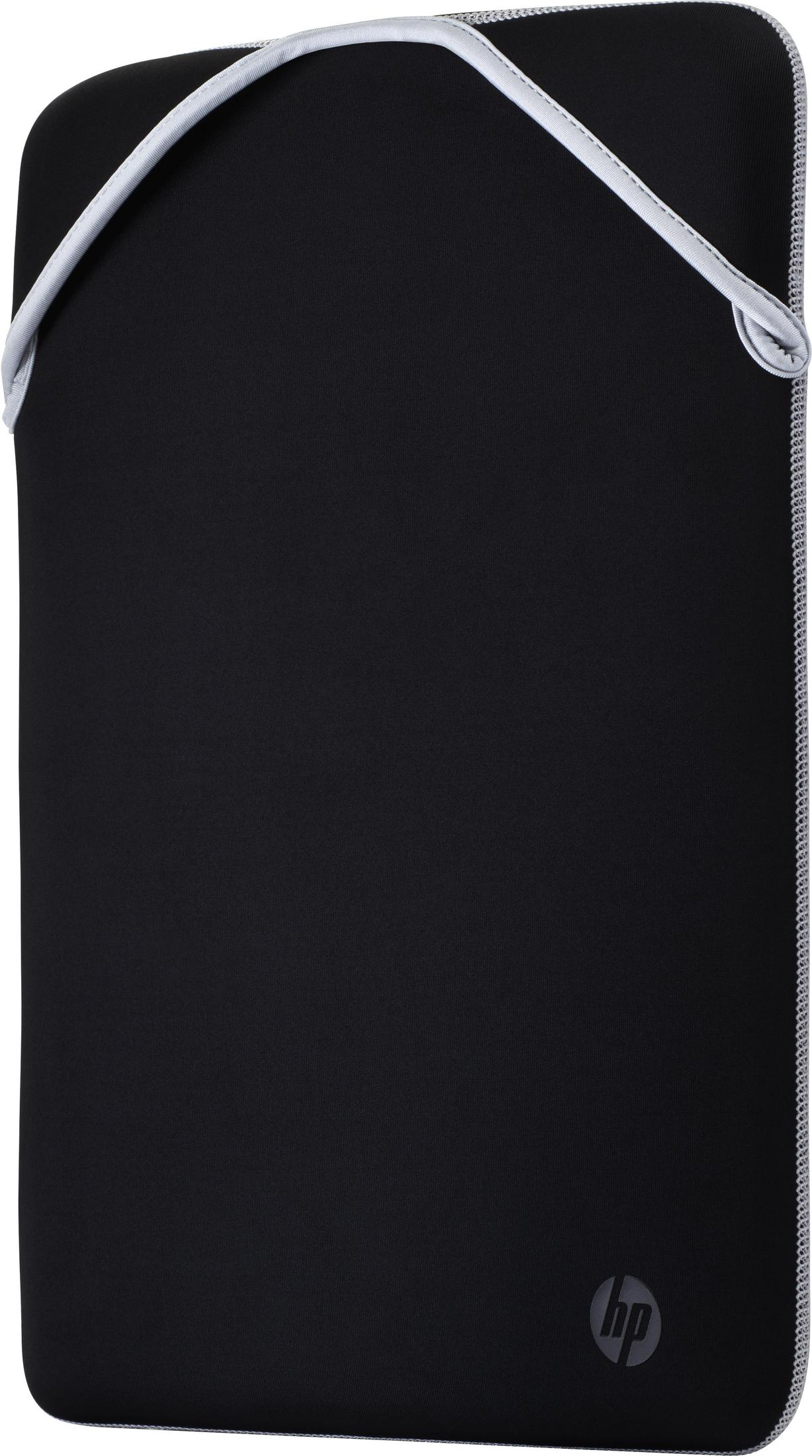 Schwarze Laptoptasche mit weißer Naht. Enthält das HP-Logo unten und einen weißen Griff.