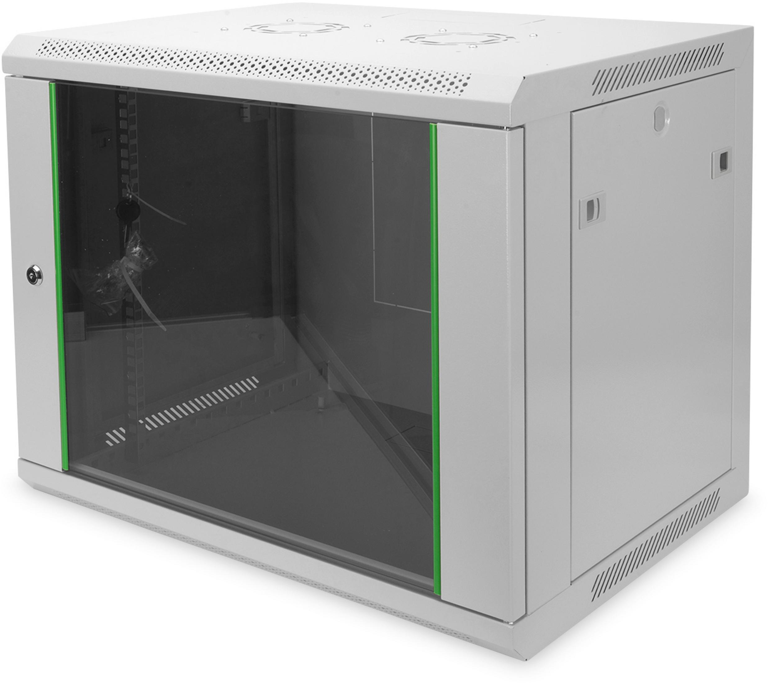Weißer Rack-Server-Schrank mit Glastür. Zeigt den Innenraum.