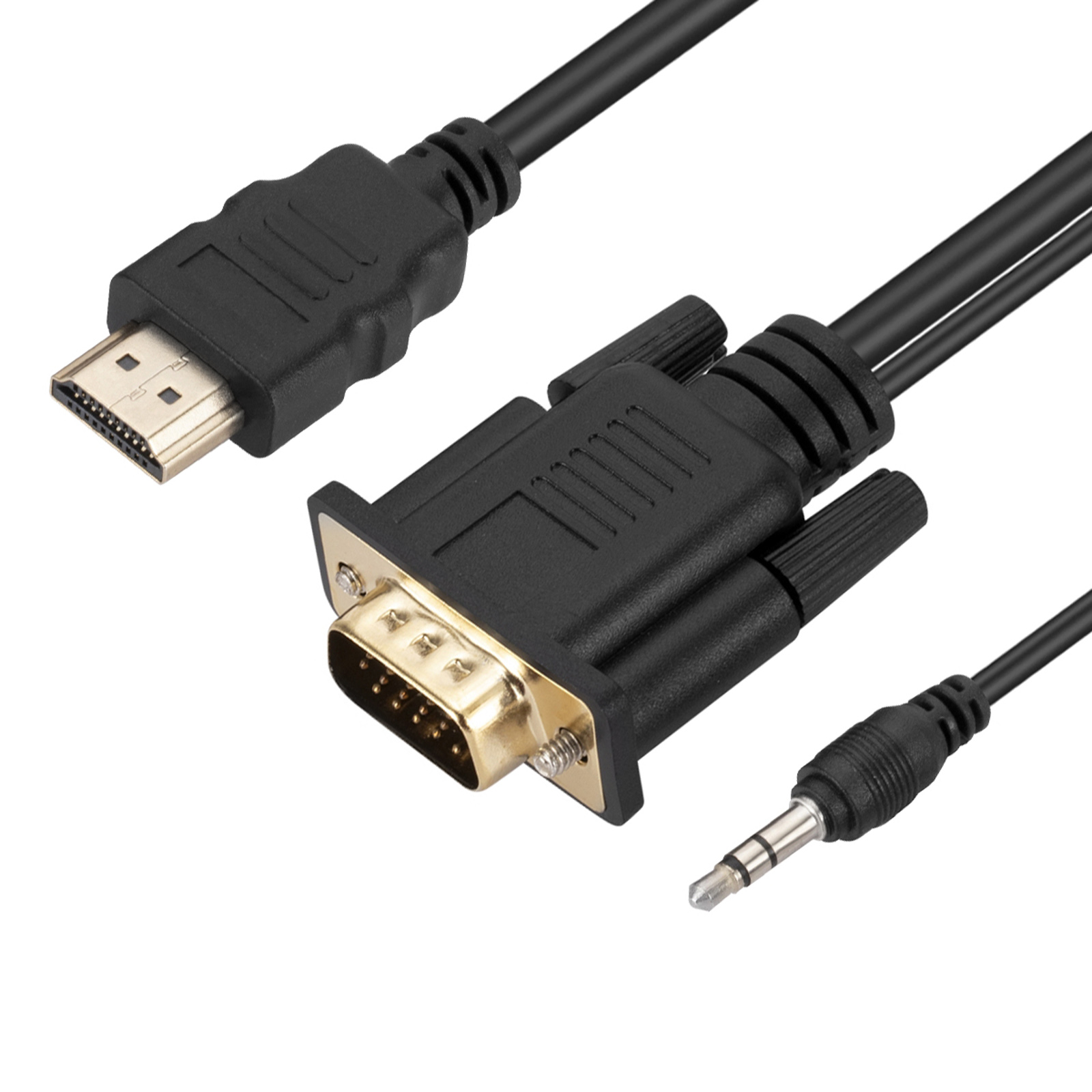 Cavi HDMI, VGA e audio neri. Sfondo bianco.