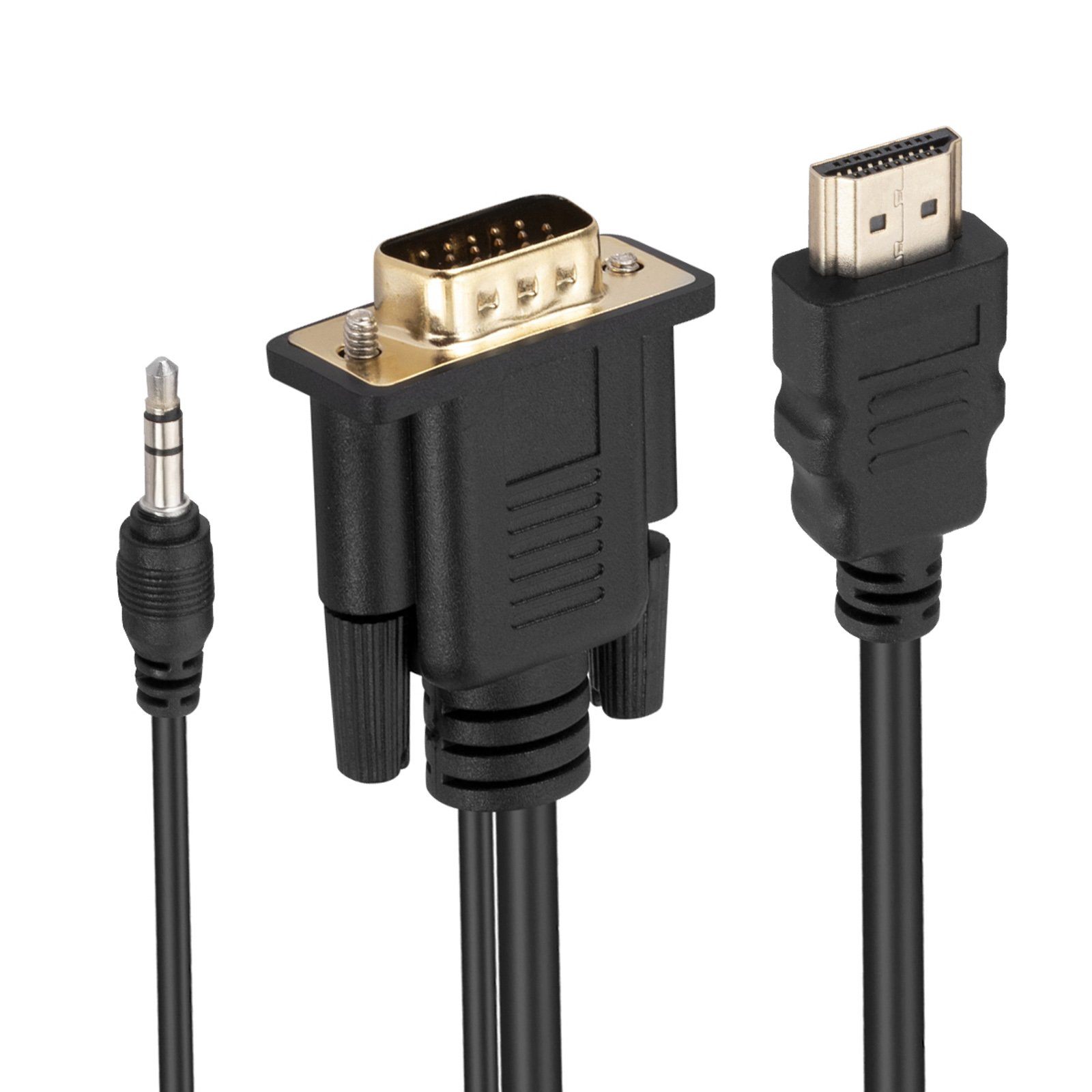 Tre cavi: un cavo audio da 3,5 mm, un cavo VGA e un cavo HDMI, tutti neri.