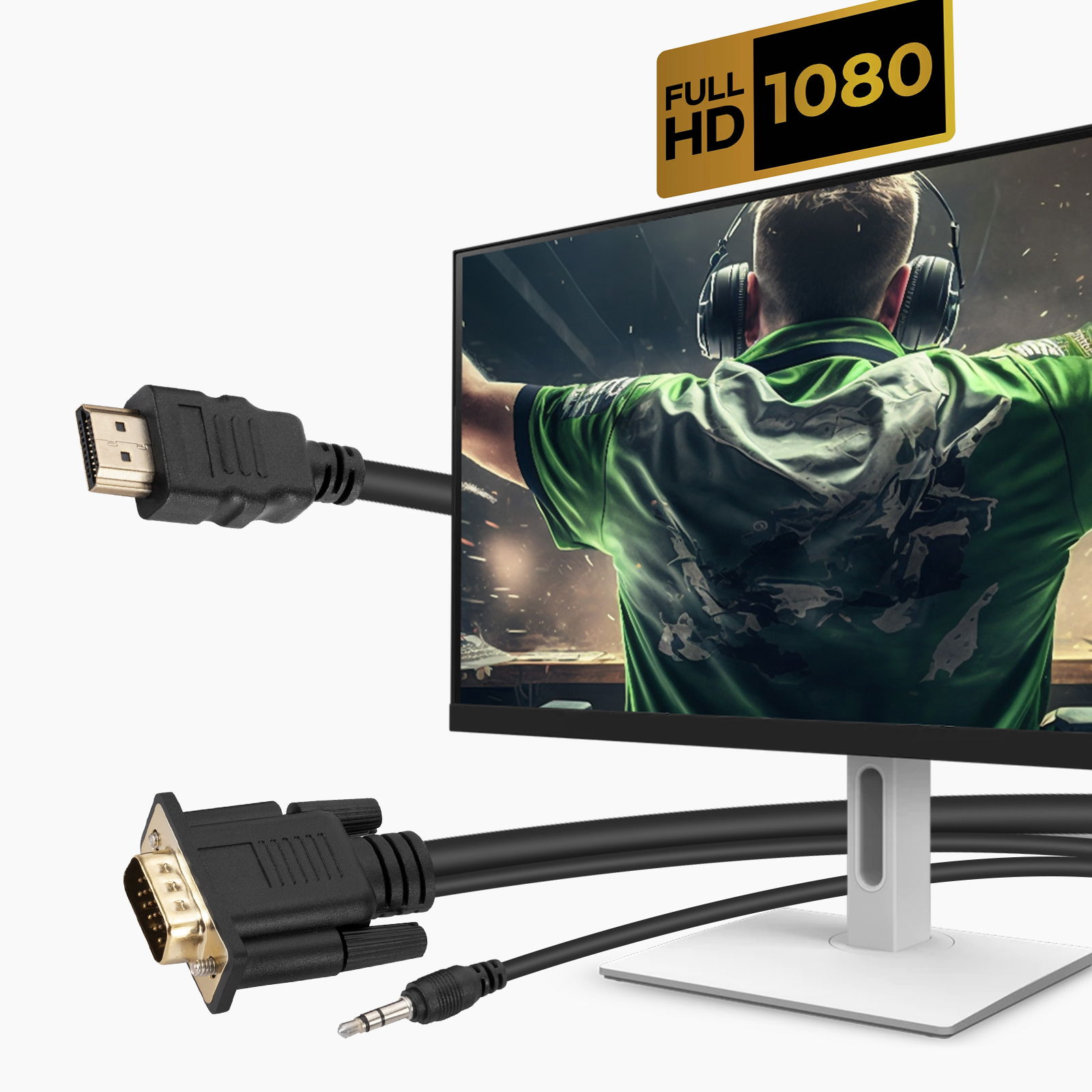 Cavi HDMI e VGA con un monitor che mostra una persona e un logo Full HD 1080.