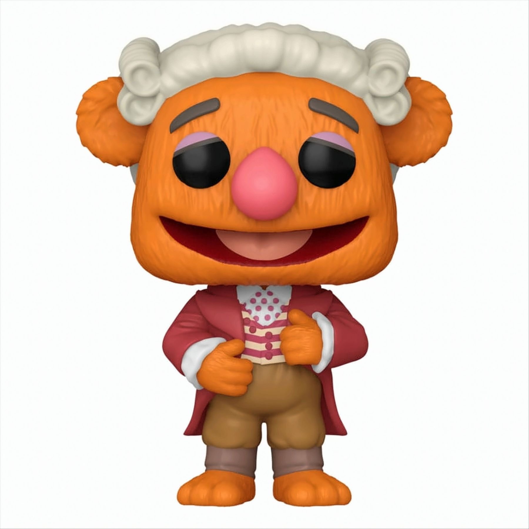 Funko Pop di un personaggio dei Muppet, arancione con parrucca bianca e cappotto rosso, sorridente.
