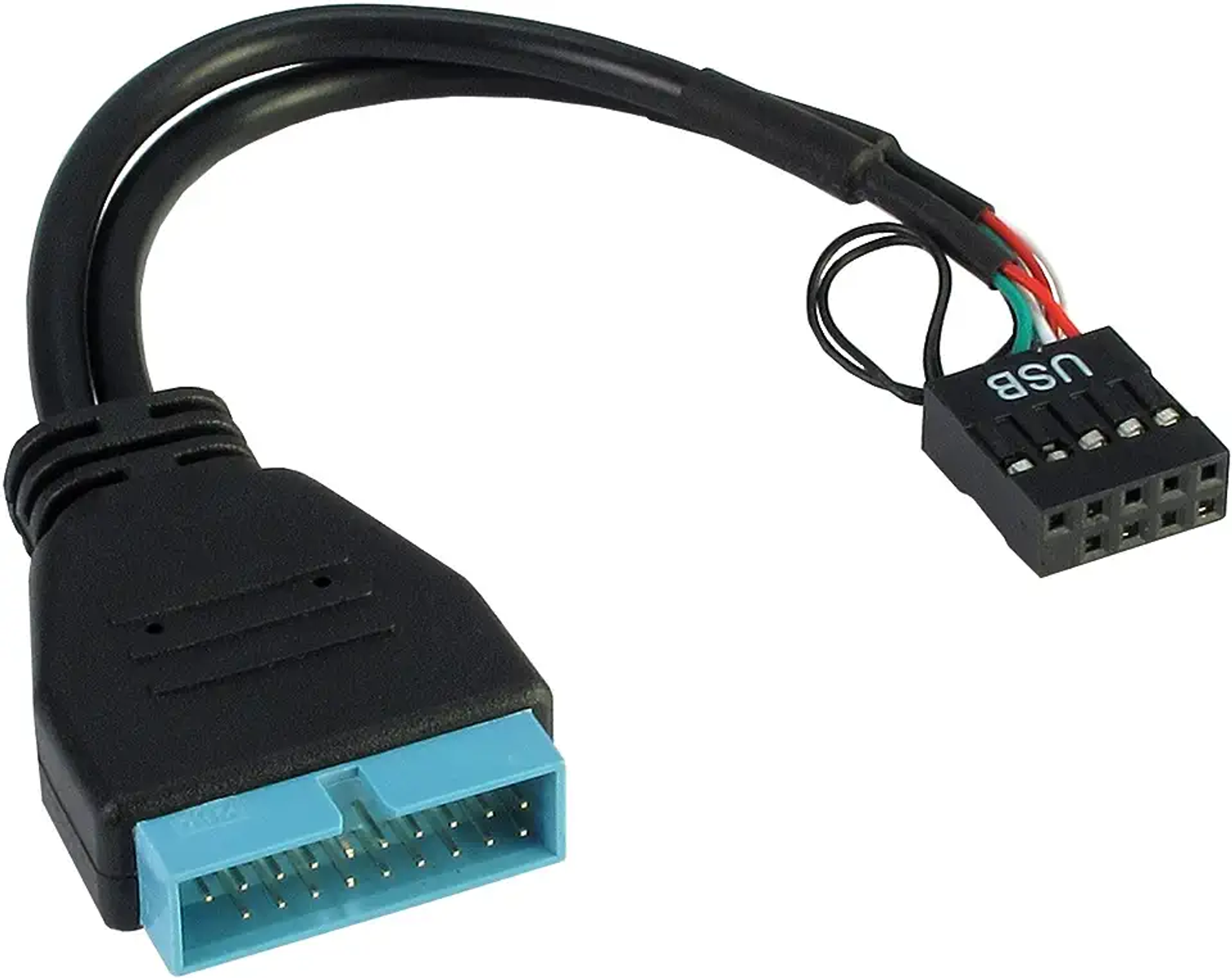 Un cavo connettore USB nero e blu. Ha un connettore blu e fili neri.