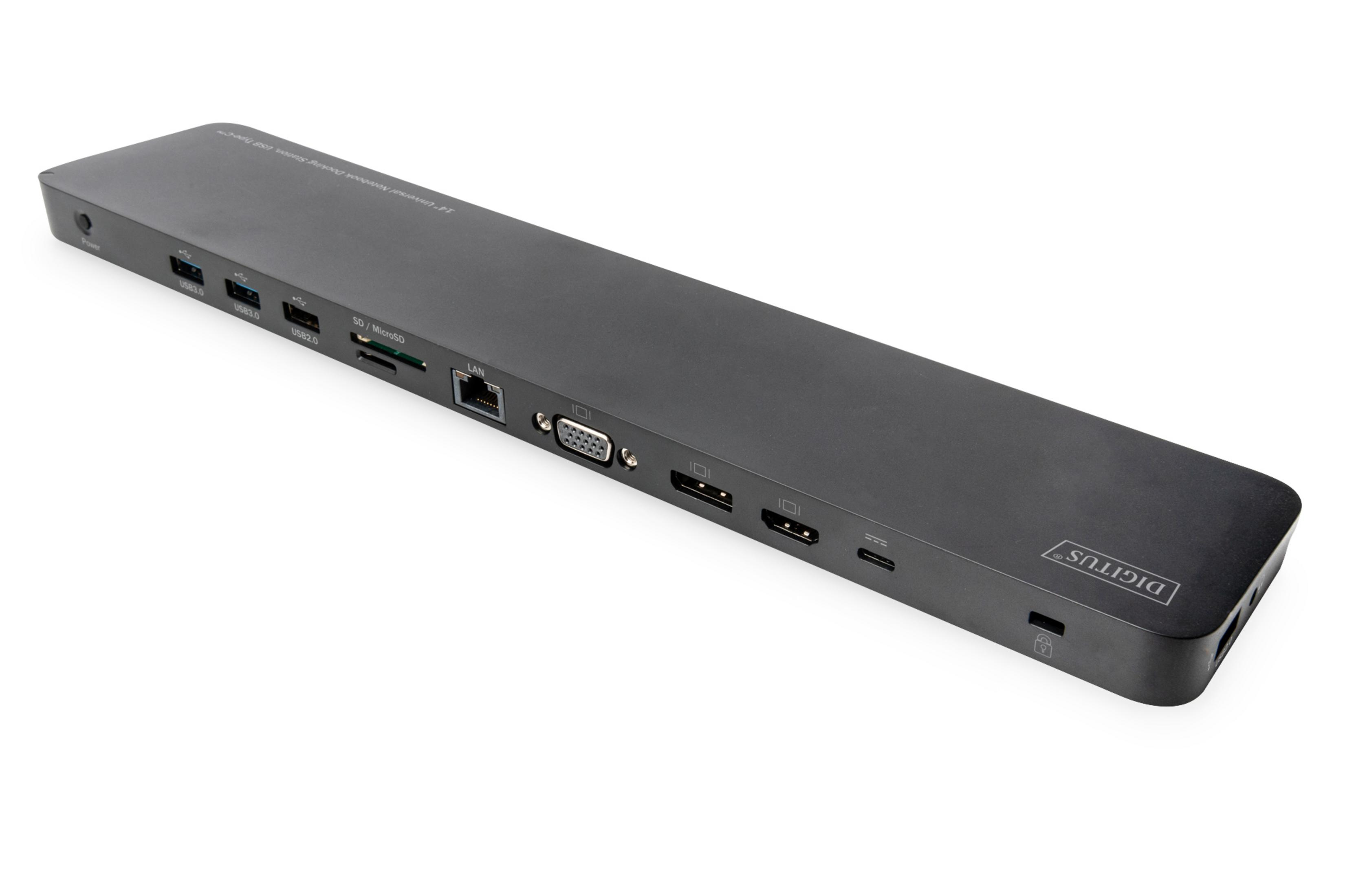Schwarzer und silberner USB-C-Hub mit verschiedenen Anschlüssen, weißer Hintergrund.