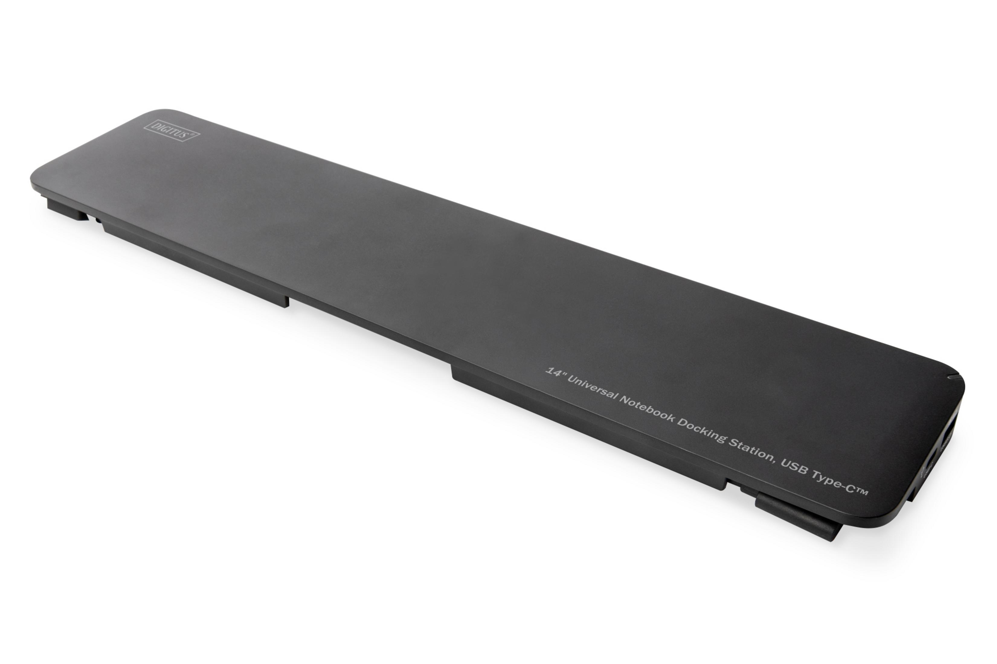 Schwarze Laptop-Dockingstation. Text: 14" Universal Notebook Docking Station, USB Type-C.