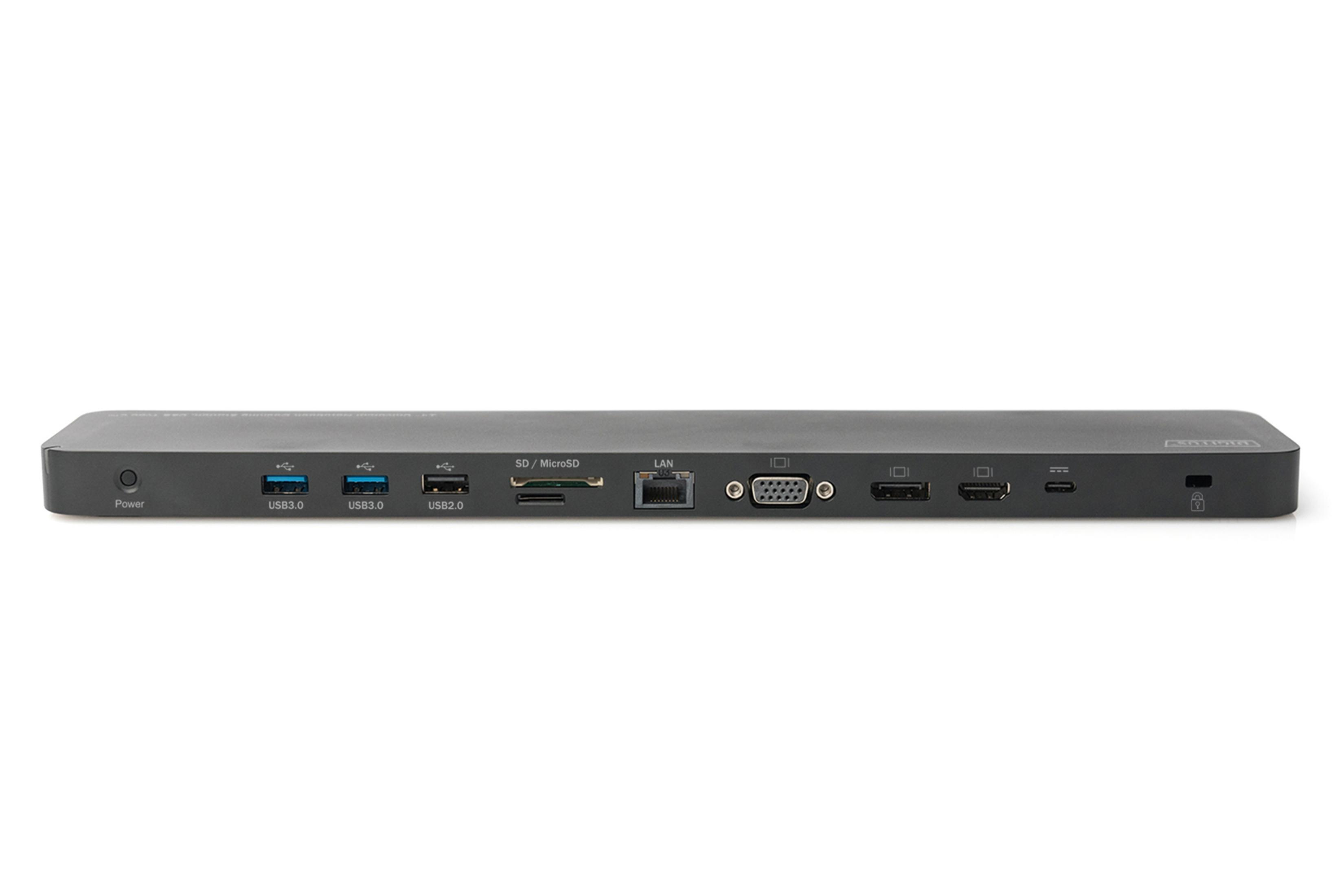 Eine dunkelgraue Dockingstation mit mehreren Anschlüssen: USB, SD/MicroSD, LAN, VGA, HDMI und USB-C.