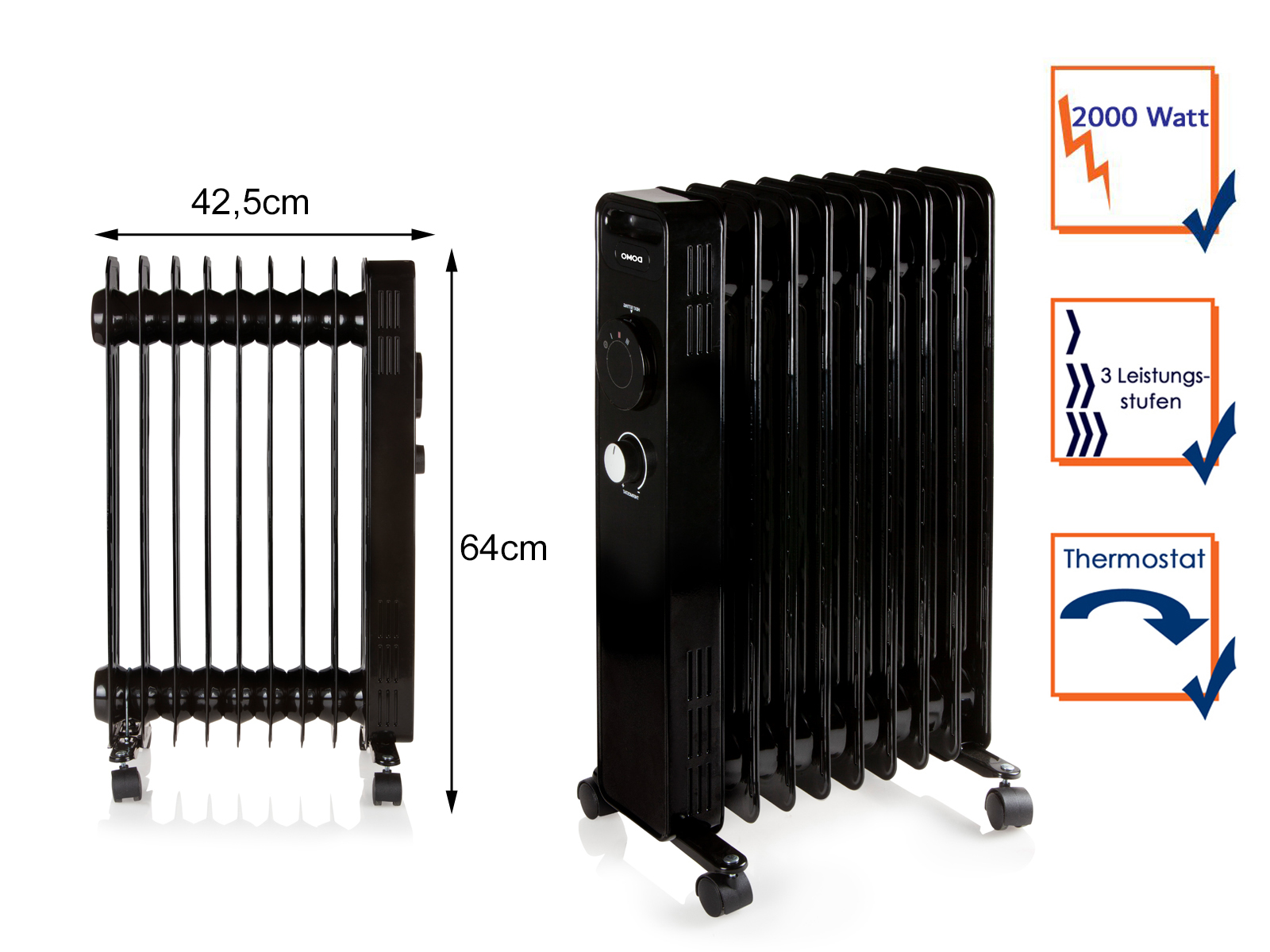 Czarny grzejnik olejowy z wymiarami i etykietami wskazującymi moc, ustawienia i termostat.