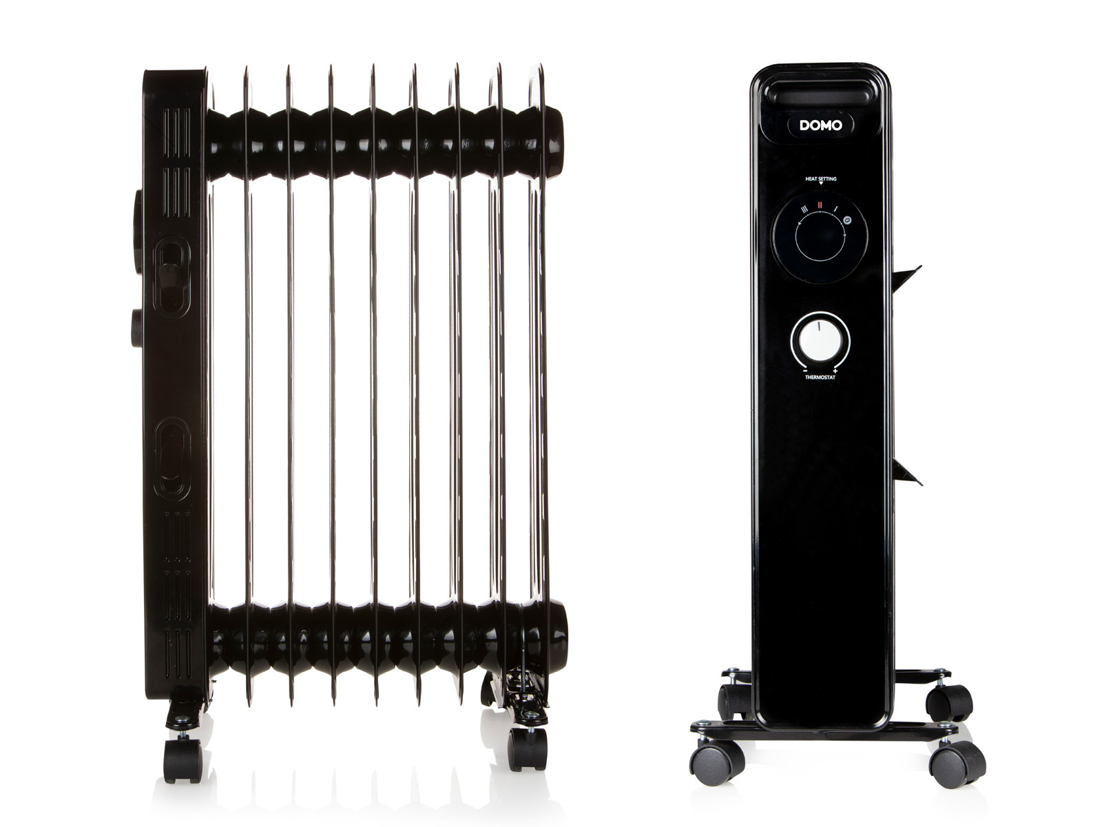 Dwa czarne grzejniki olejowe. Jeden jest na kółkach z panelem sterowania.