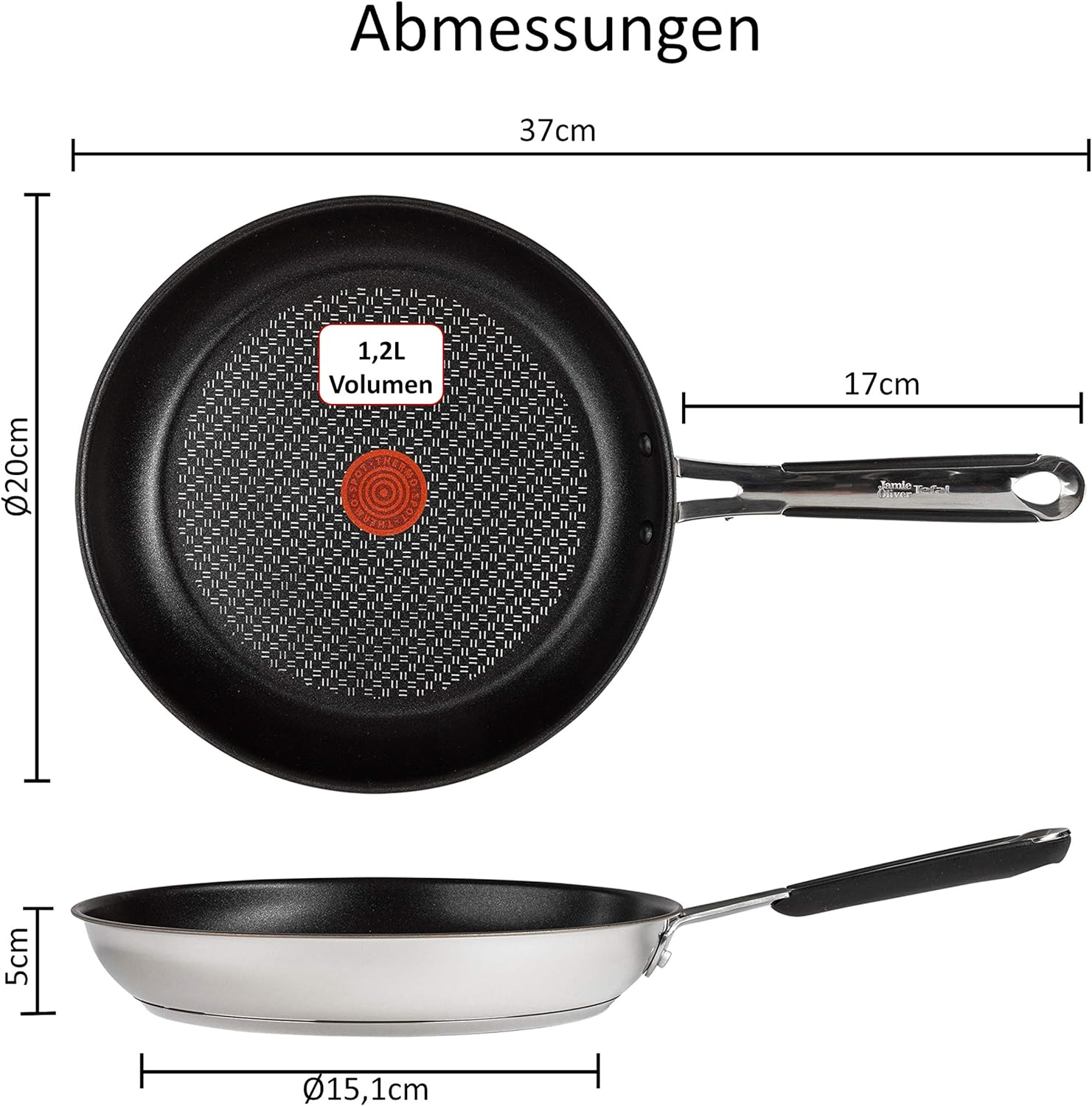 Eine Bratpfanne mit Maßen. Sie ist innen schwarz mit rotem T-fal-Logo. Griff aus Edelstahl.