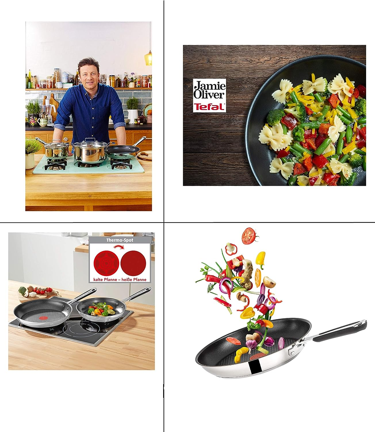 Mehrere Bilder von Kochszenen mit Jamie Oliver und verschiedenen Essensarrangements.