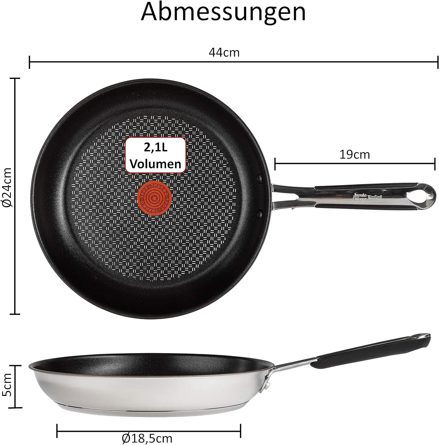 Bratpfanne mit Maßen. Die Pfanne ist schwarz und silber mit einem Griff.