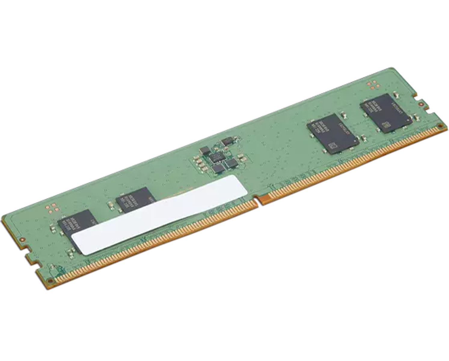 Stick RAM verde con chip ed etichetta bianca, su sfondo bianco. Ha contatti dorati.