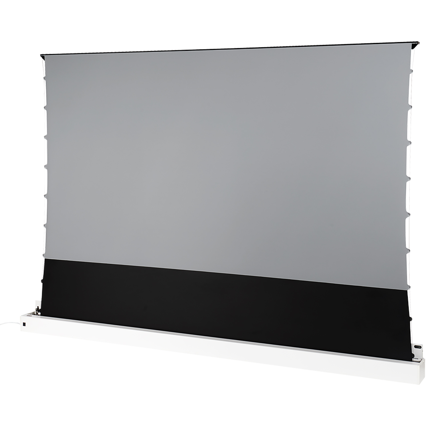 Un grand écran de projection gris est installé, avec une base noire et un support blanc.