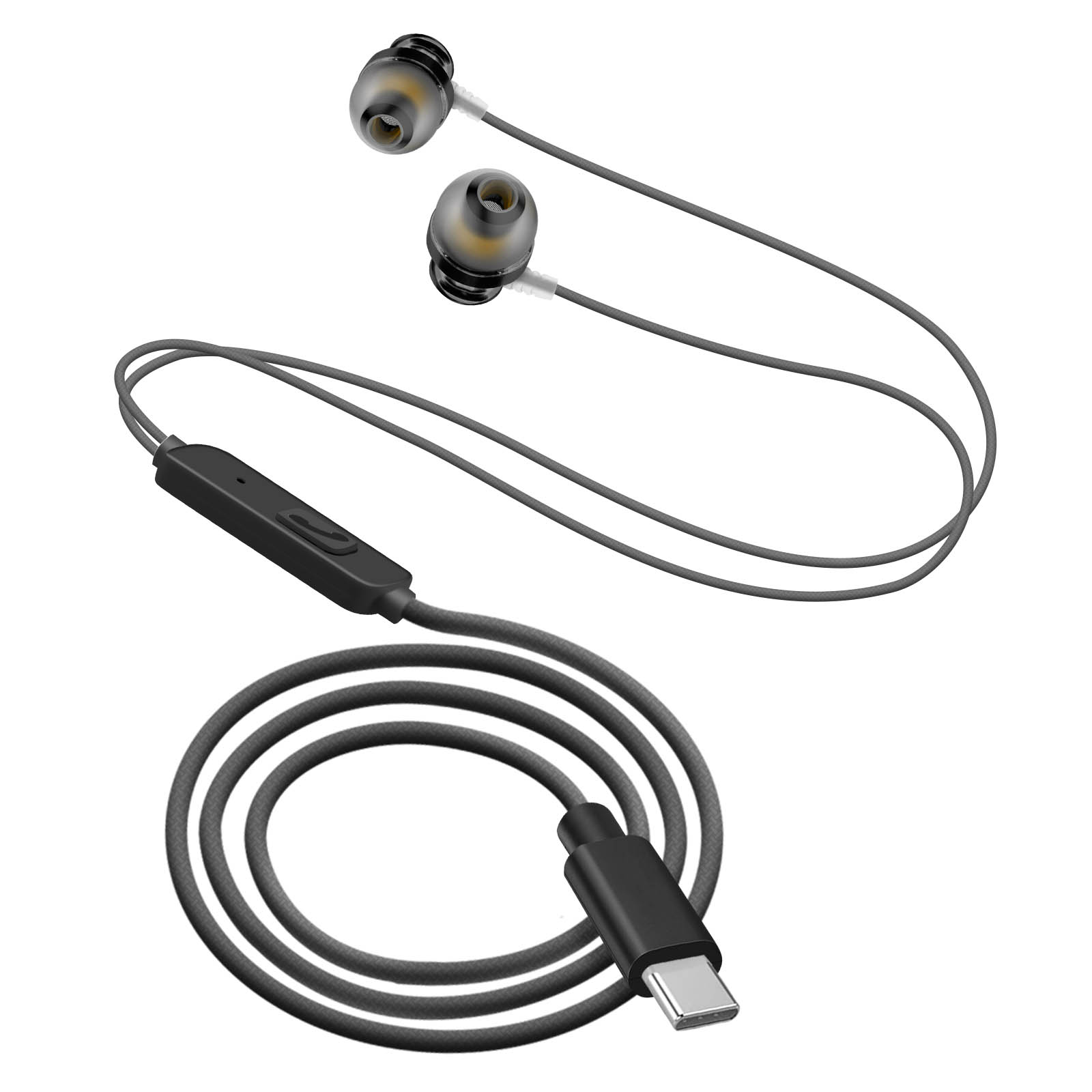 Auricolari con controlli neri e fili grigi, con connettore USB-C, isolati su bianco.