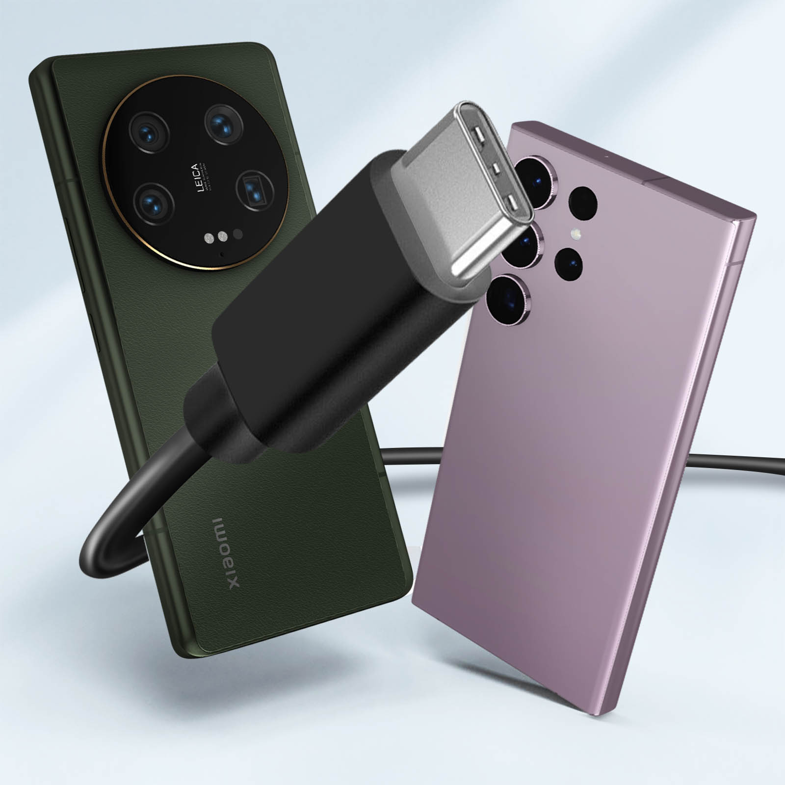 Due smartphone e un cavo di ricarica. Un telefono è verde, l'altro viola. Un cavo USB-C è collegato.
