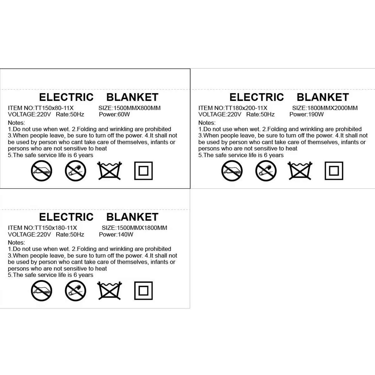 Drei Etiketten mit Warnhinweisen, die Informationen zu elektrischen Decken zeigen.