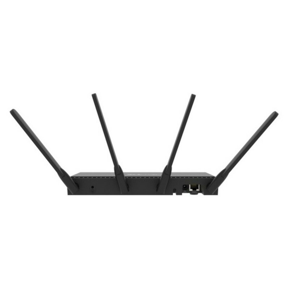 Schwarzer Router mit vier Antennen. Von der Seite gesehen, einige Anschlüsse sind sichtbar.