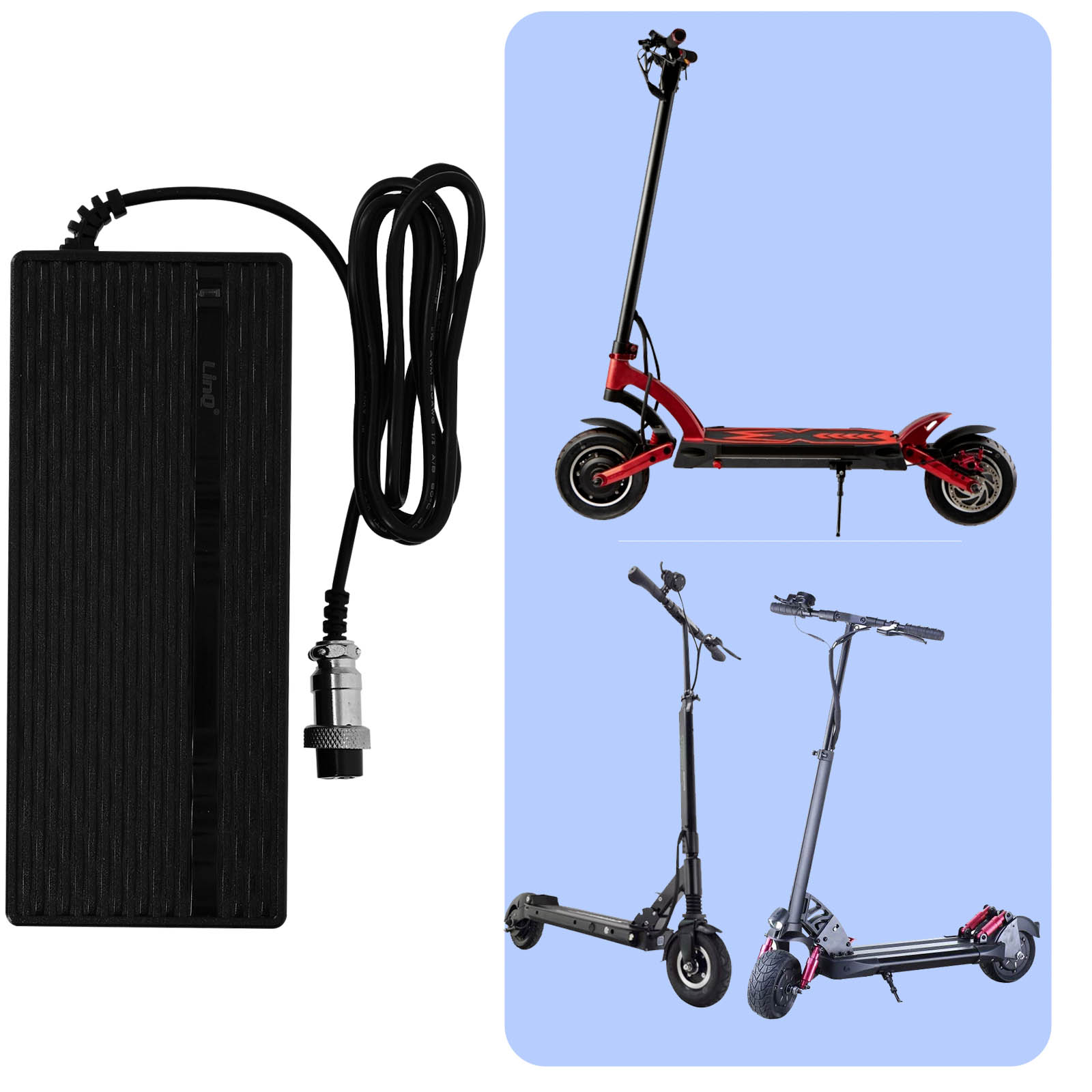 Caricabatterie per scooter elettrici e diversi scooter elettrici su sfondo azzurro.