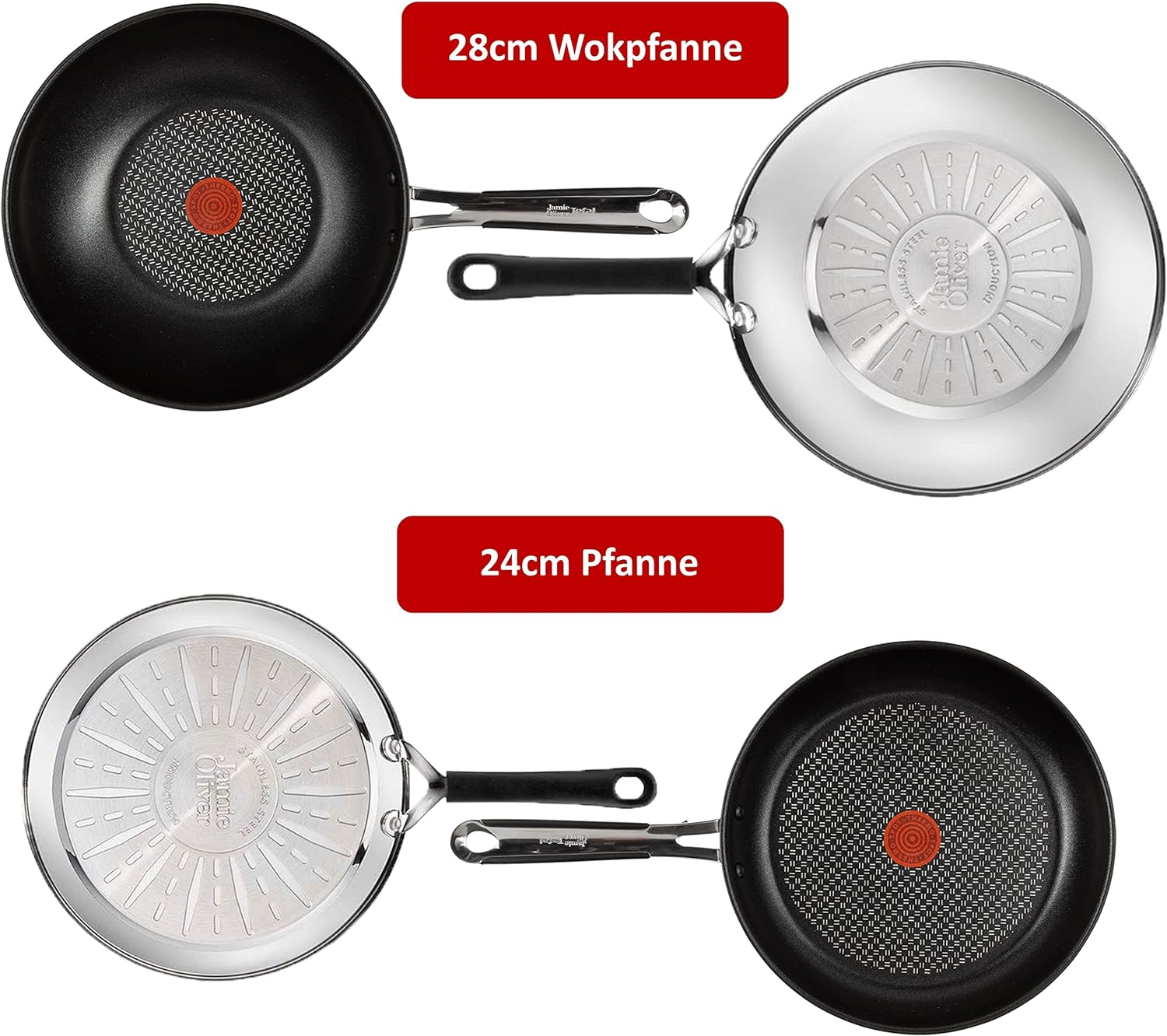 Zwei Pfannenpaare. Oben: Wok und Pfanne. Unten: Pfanne und Pfanne. Alle schwarz mit rotem T-Fal-Logo.
