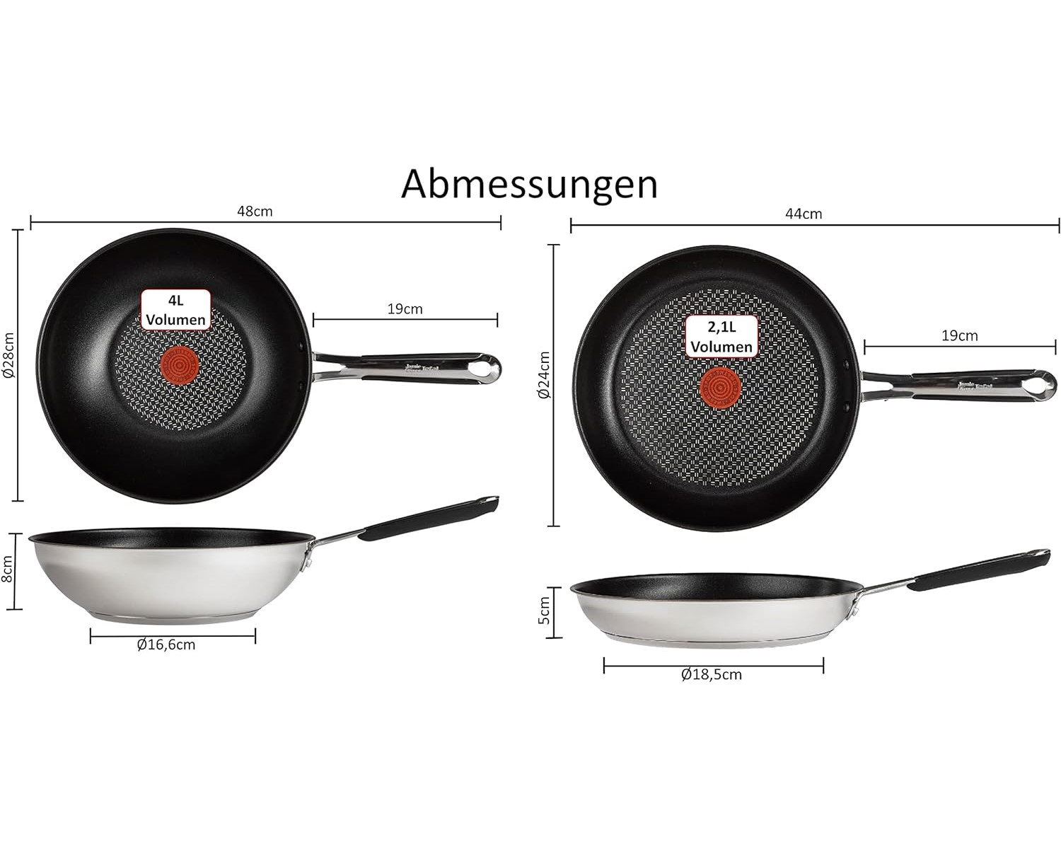 Zwei Bratpfannen mit Maßangaben, schwarz und silber, Seitenansicht.