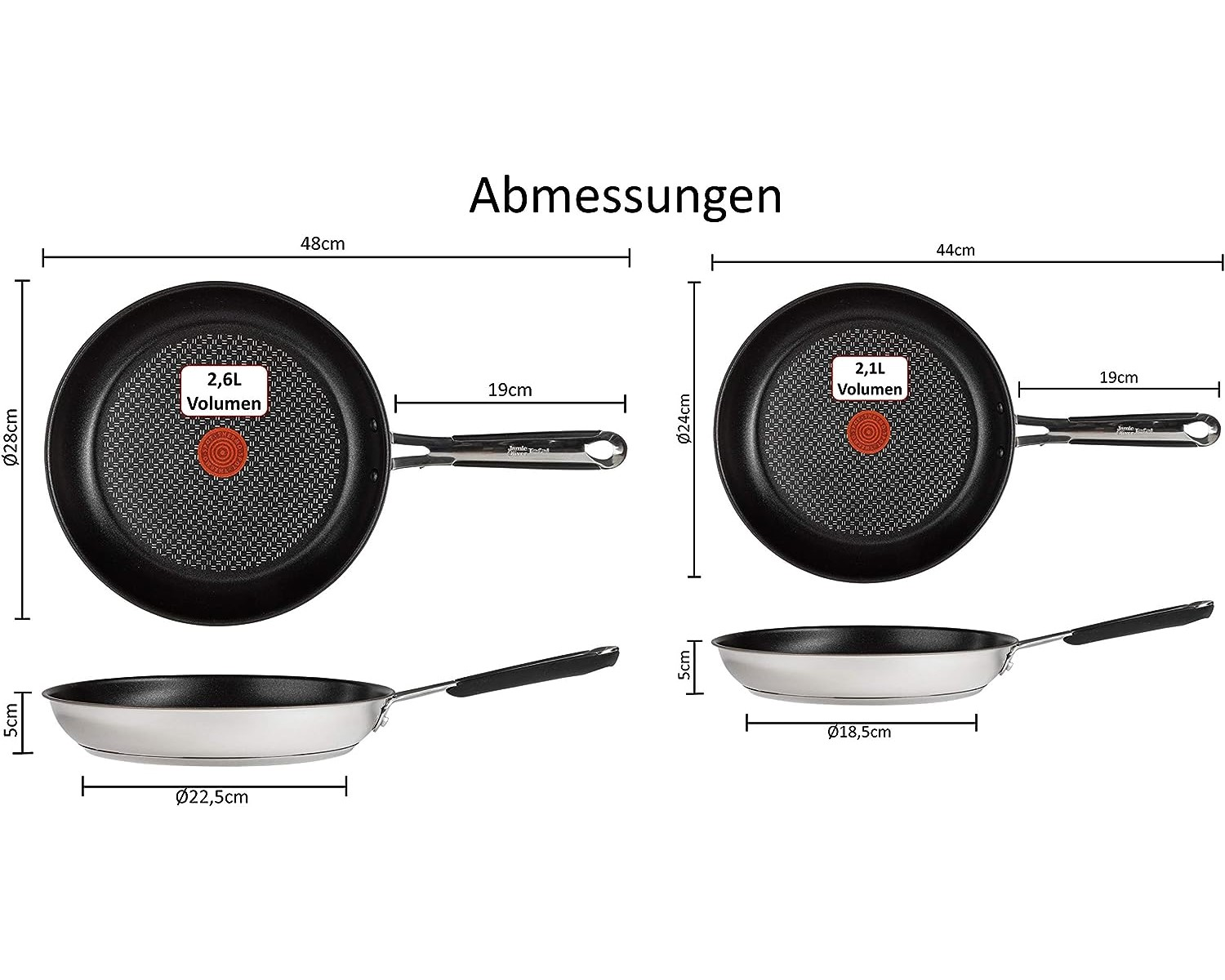 Zwei Bratpfannen mit Abmessungen und Volumenangaben. Schwarze Pfannen, silberne Griffe, weißer Hintergrund.