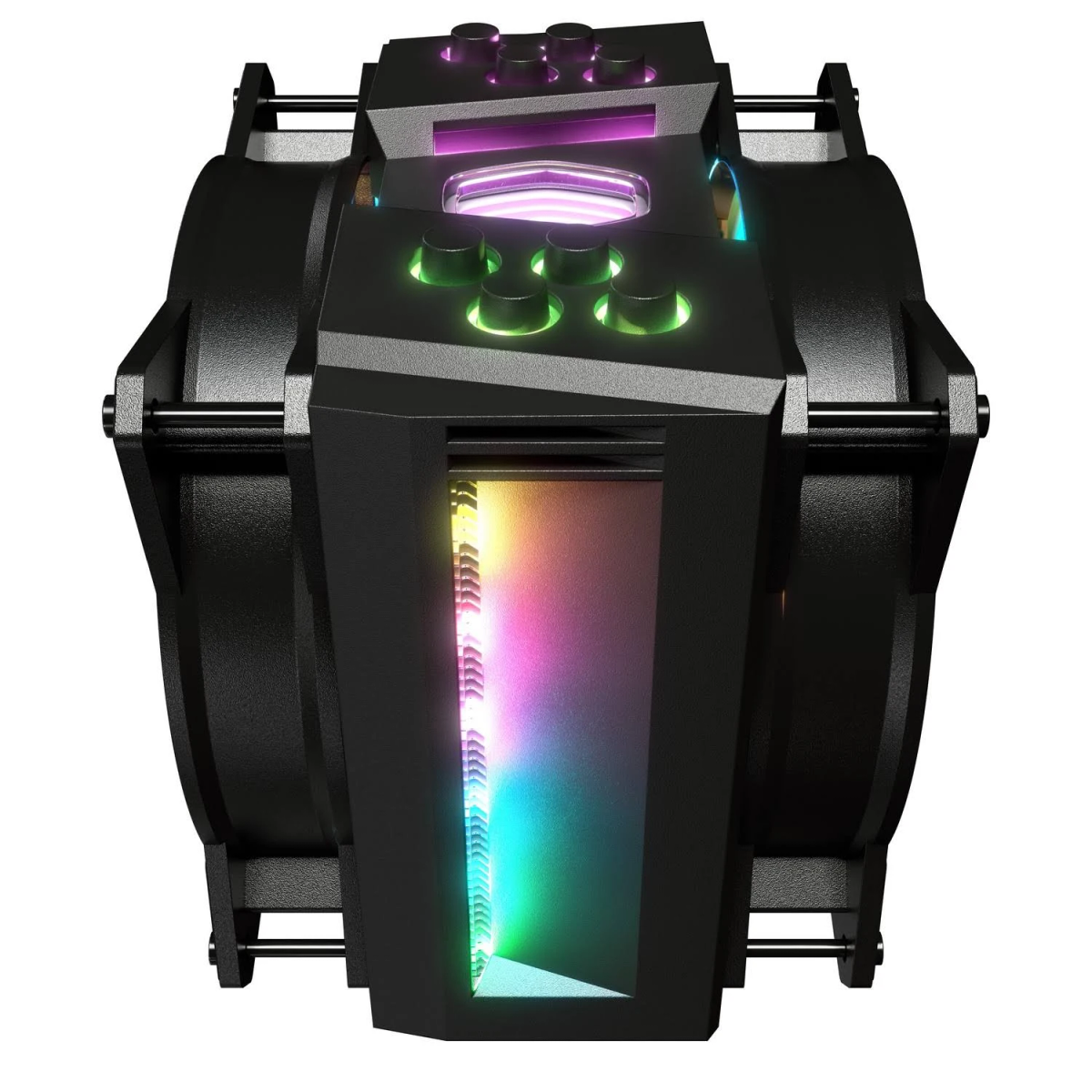 Enfriador de computadora negro con efectos de iluminación RGB. Presenta múltiples colores y diseño único.
