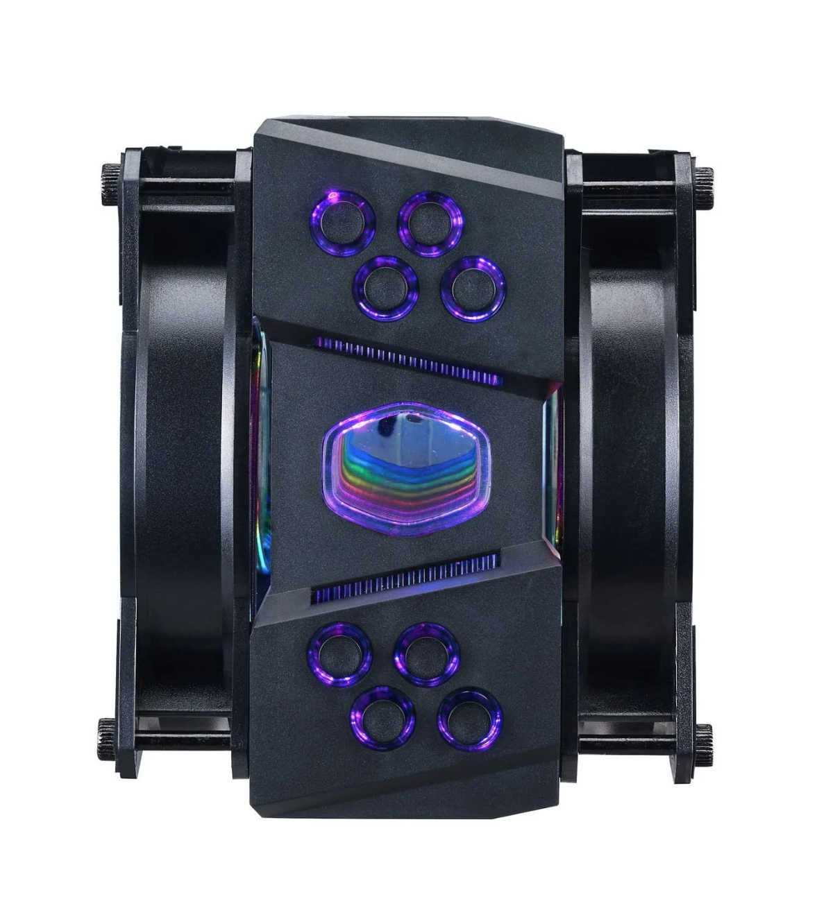 Un enfriador de computadora negro con luces púrpuras. El frente presenta un diseño geométrico.