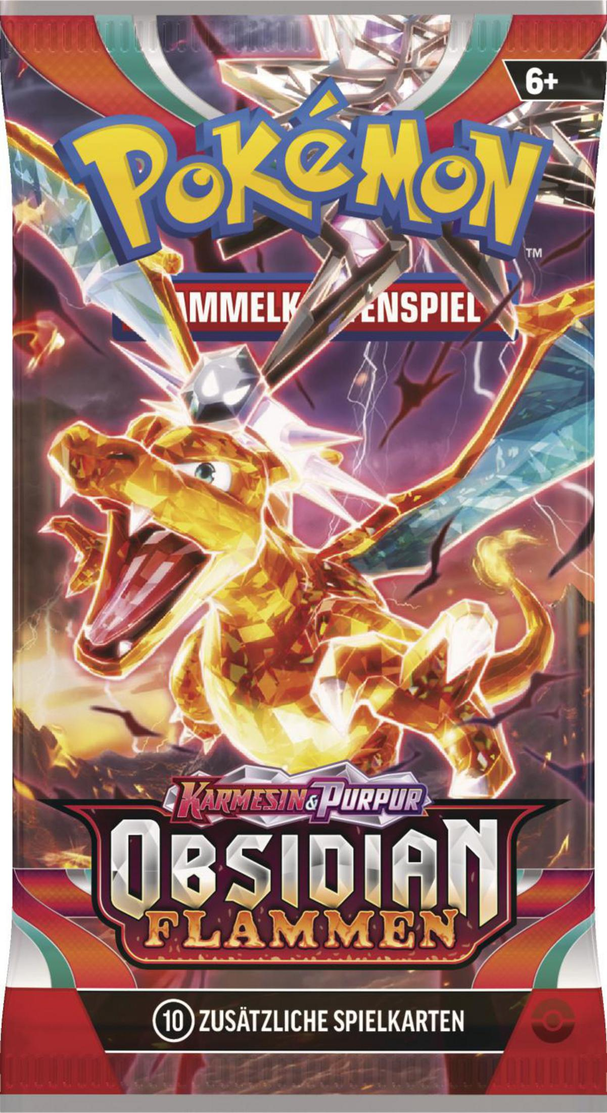 Pokemon-Kartenpackung mit Glurak. Rote und violette Farben und der Titel Obsidian Flammen.