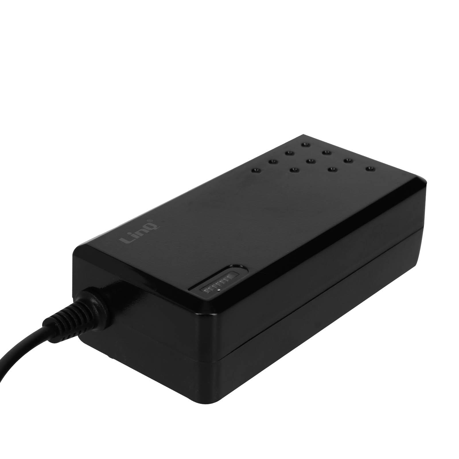 Schwarzer rechteckiger Netzadapter mit einem schwarzen Kabel daran.
