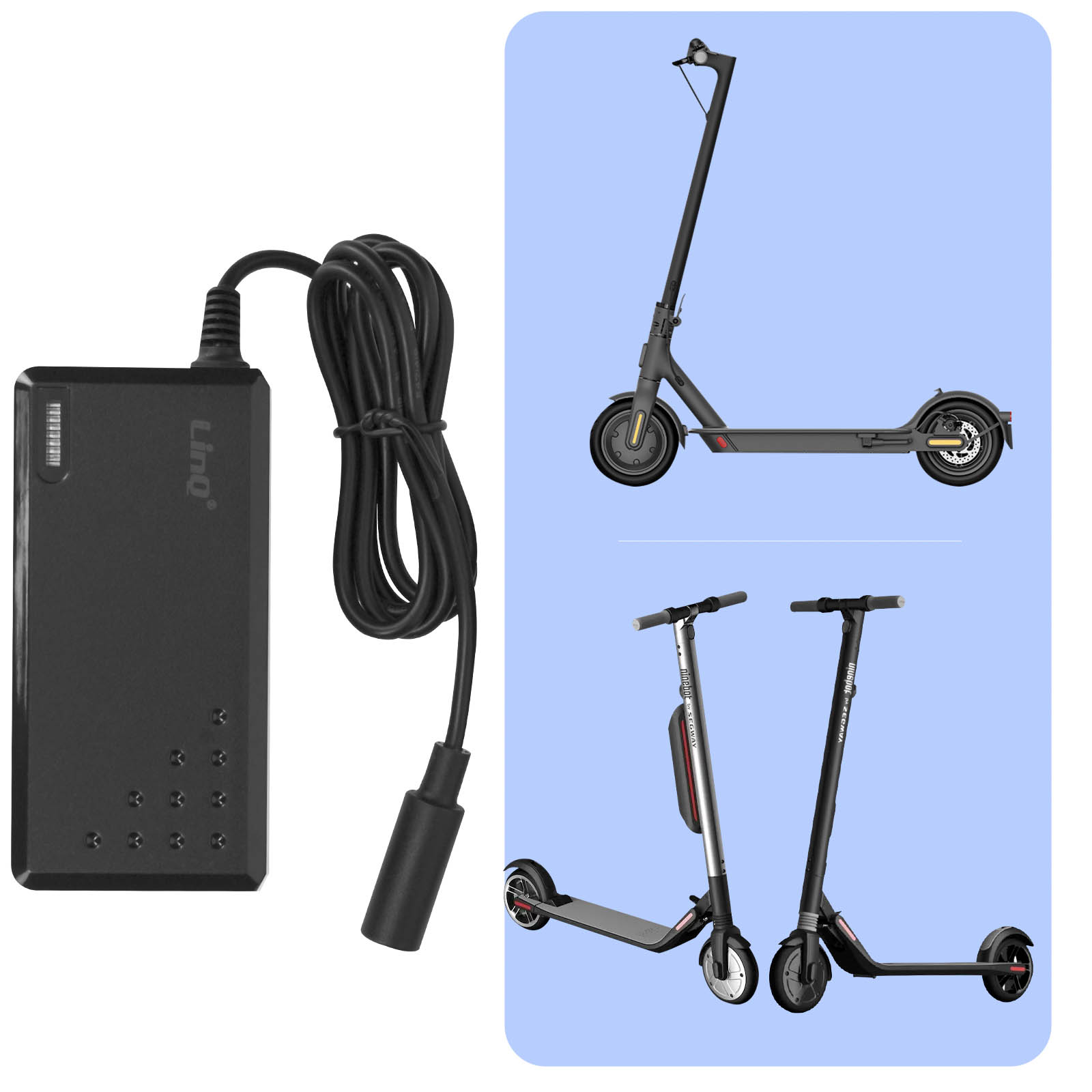Schwarzes Ladegerät und Kabel. Drei Roller im Hintergrund, schwarz, silber und grau, auf blauem Hintergrund.