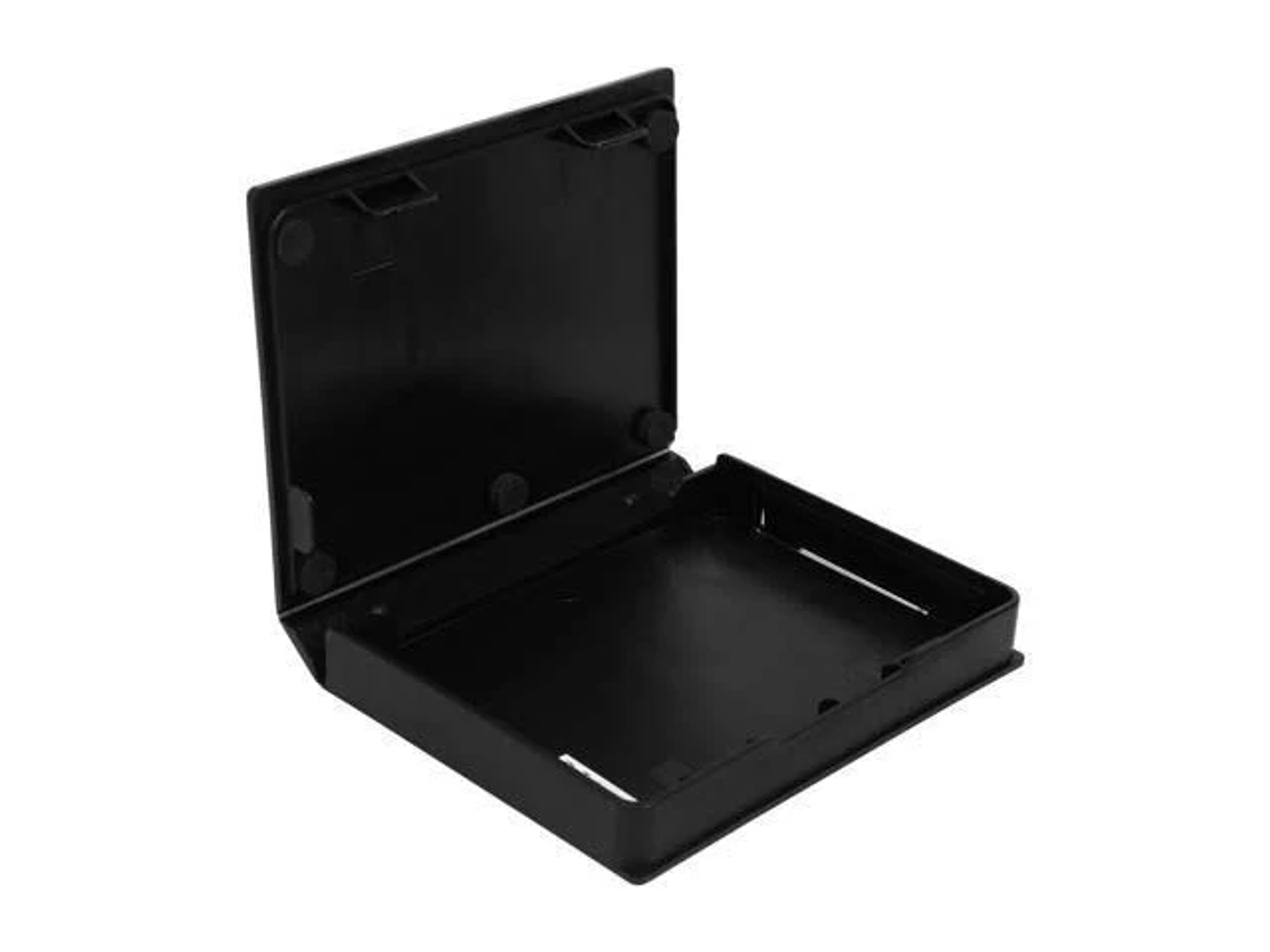 Schwarze, offene, leere Kunststoffbox mit rechteckiger Form. Die Box steht auf einer weißen Oberfläche.