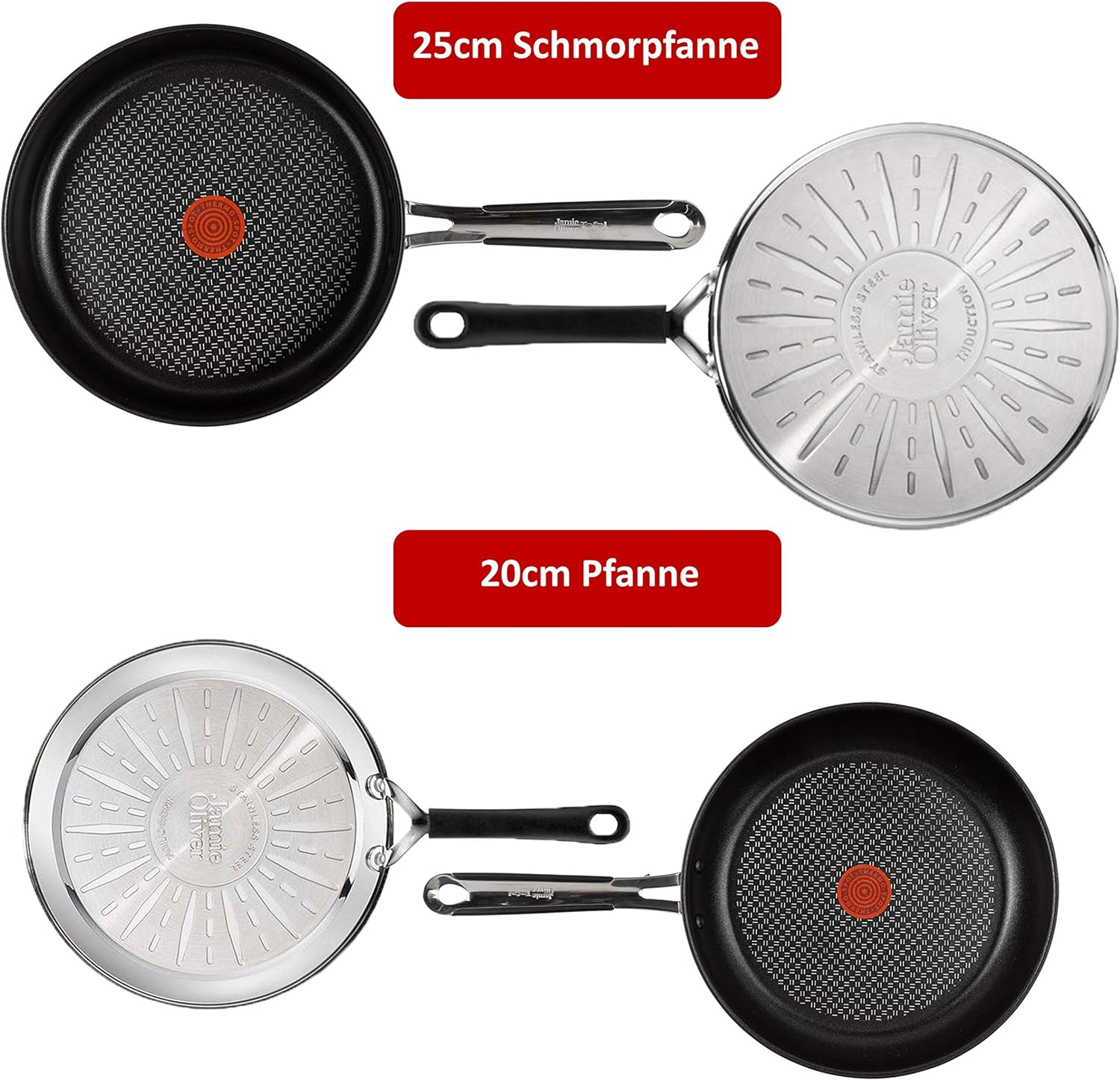 Zwei Bratpfannen, eine 25 cm und eine 20 cm, die sowohl die Innen- als auch die Außenseite der Pfannen zeigen.