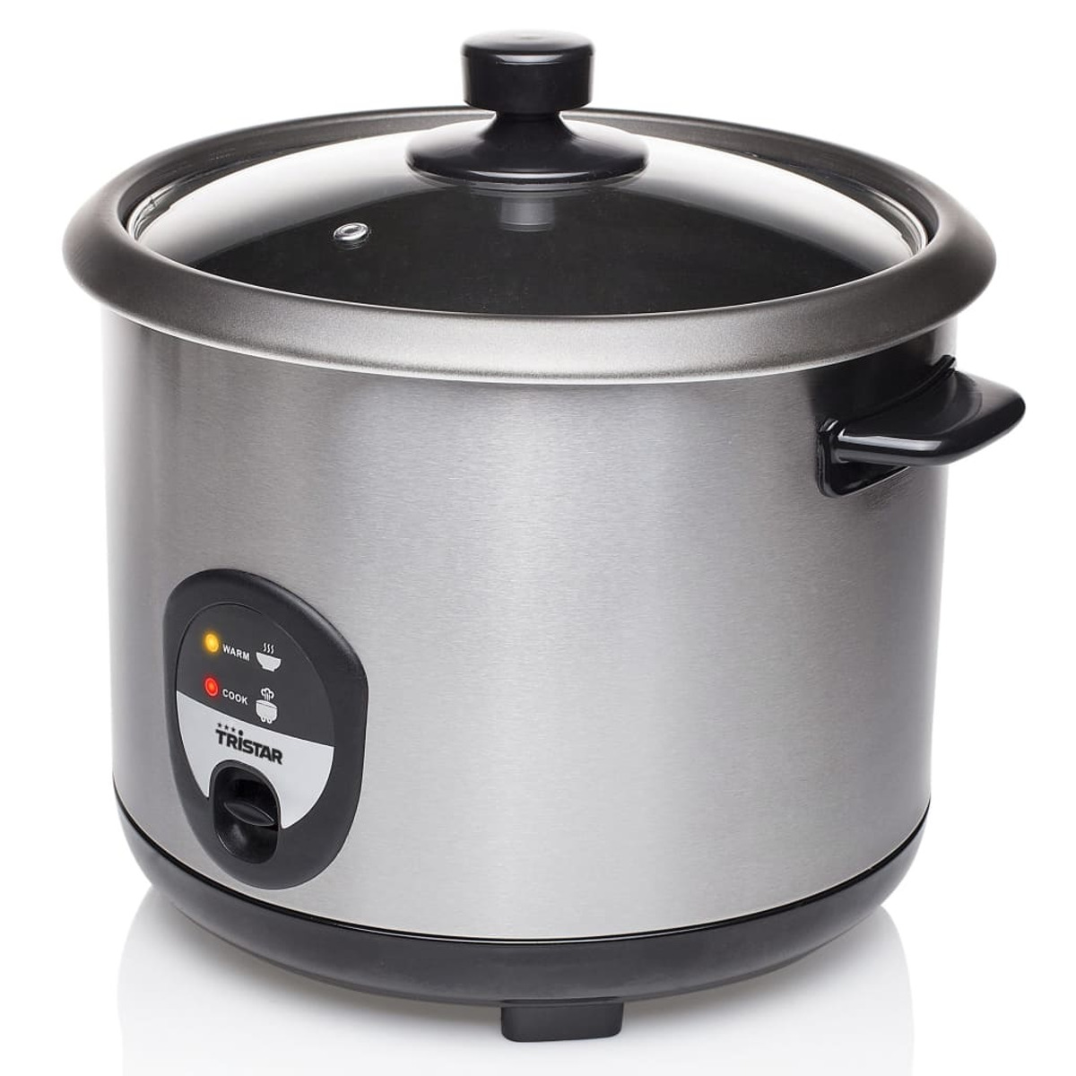 Cuociriso argentato con coperchio in vetro e dettagli neri. Pannello di controllo frontale.