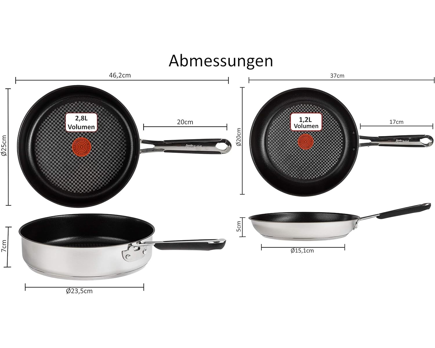 Pfannen mit Abmessungen und Volumenangaben. Edelstahl und schwarzer Innenraum.
