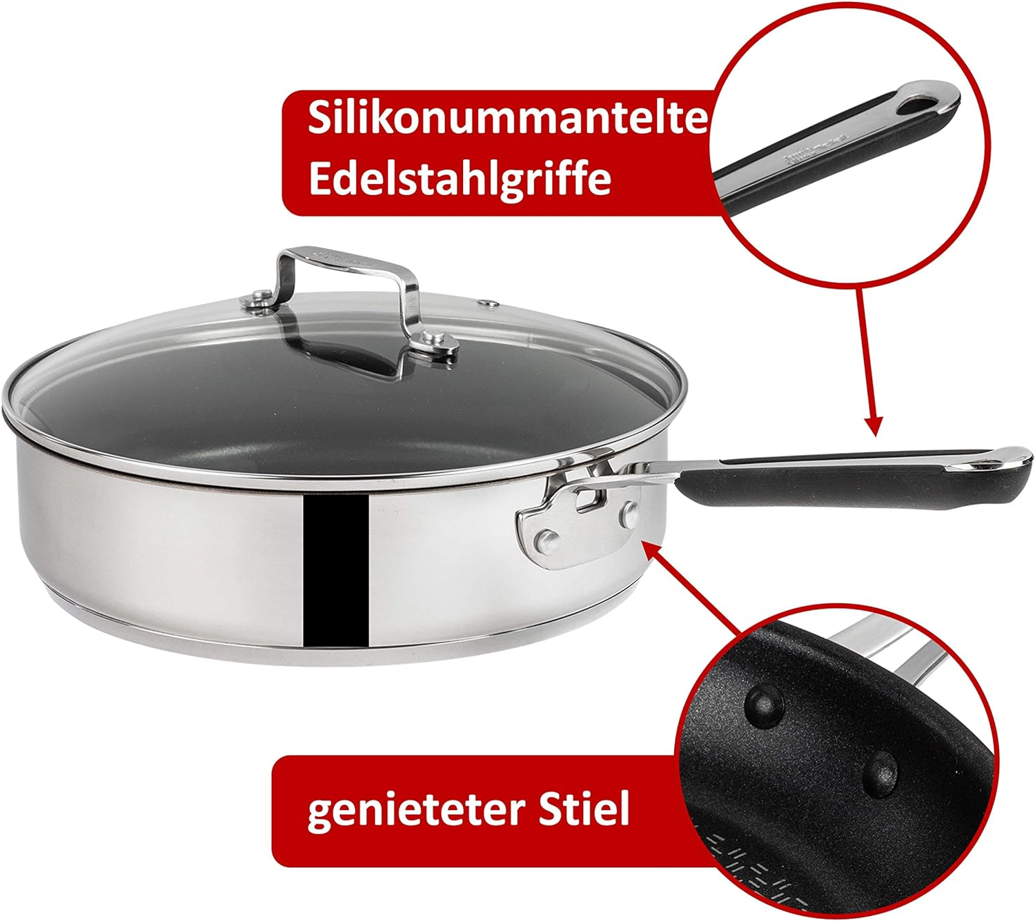 Edelstahlpfanne mit Glasdeckel. Schwarzer Griff. Nahaufnahmen zeigen Griff- und Deckeldetails.