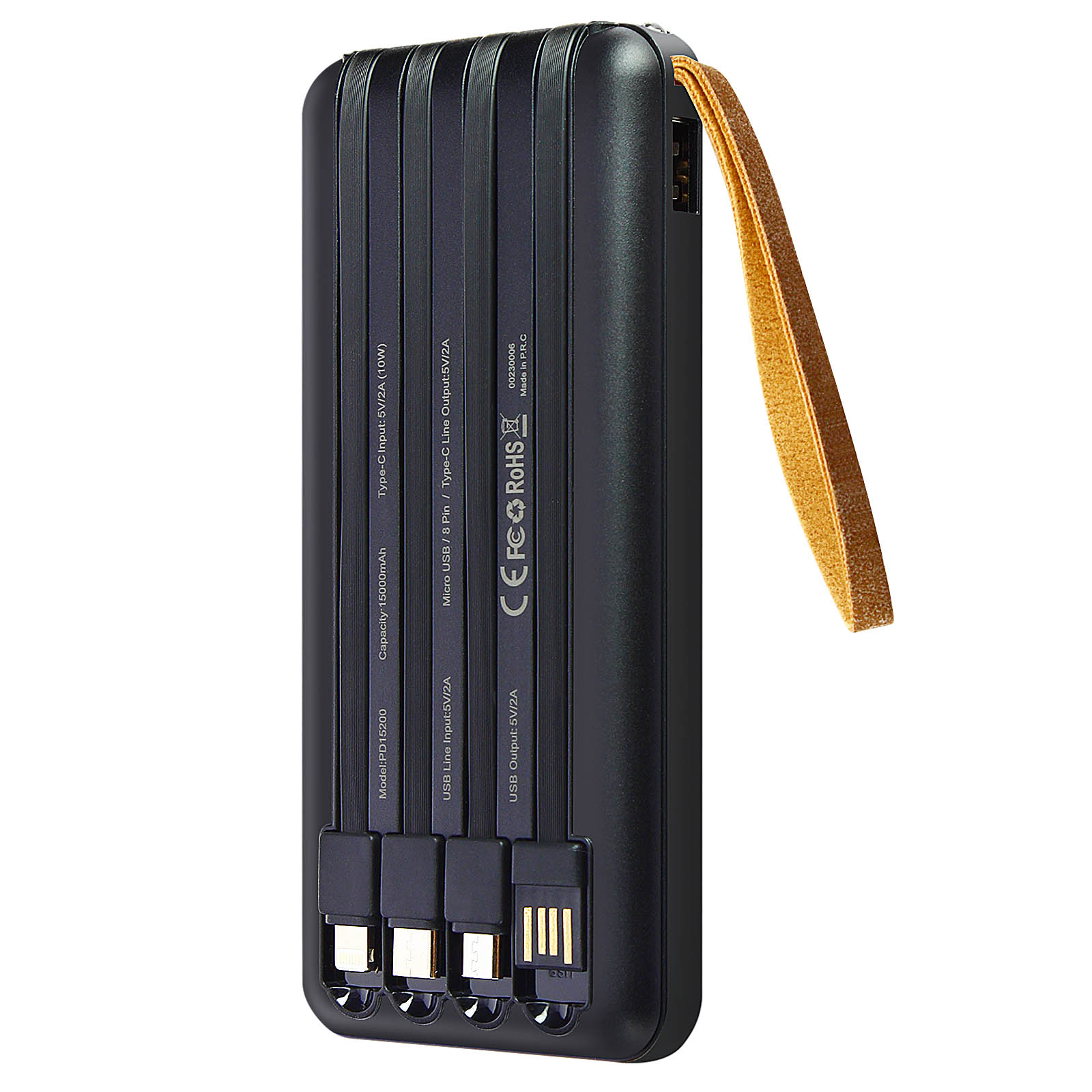 Cargador portátil negro con múltiples cables de salida y correa de mano amarilla.