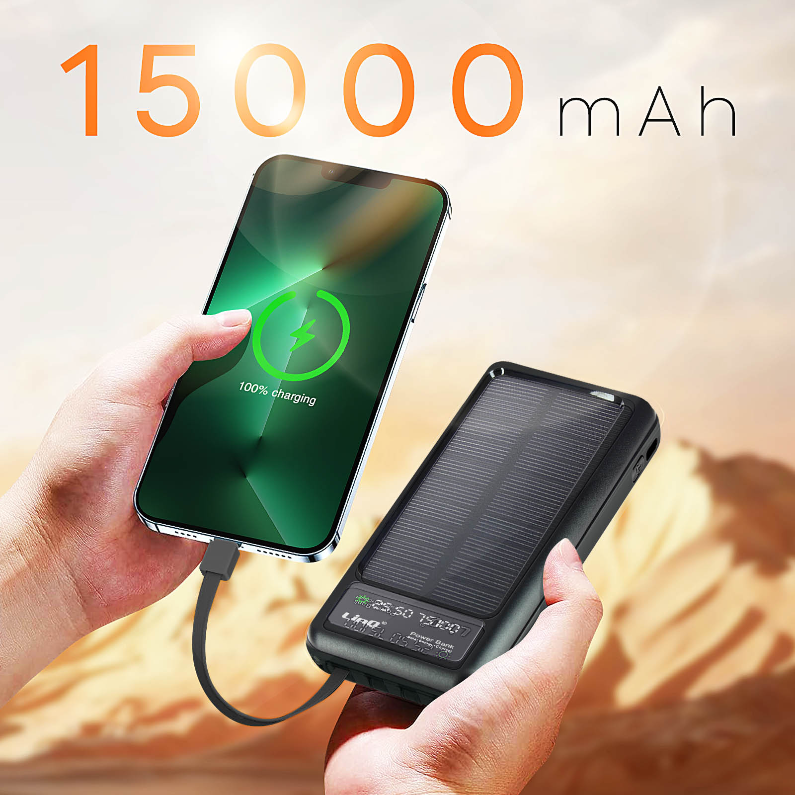 Manos sosteniendo un teléfono cargándose y un banco de energía solar. Teléfono muestra 100% de carga.